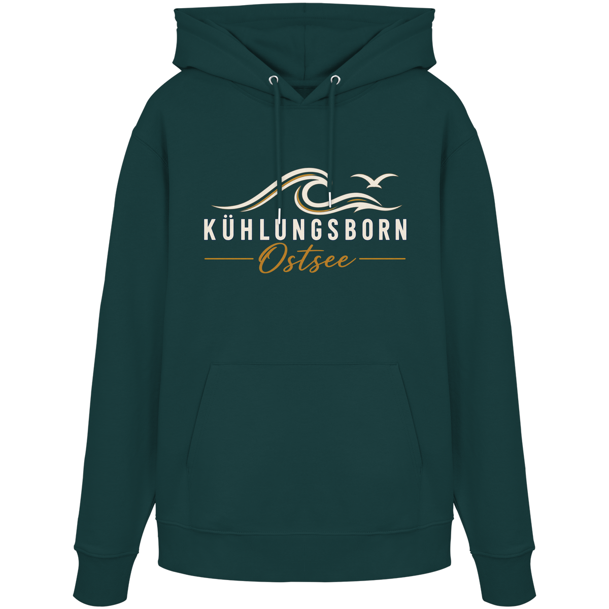 Shirtigo-Originalmockup: Bio-Hoodie Kühlungsborn Baltic Waves, Dark Edition, Glazed Green, Vorderansicht mit Motiv.