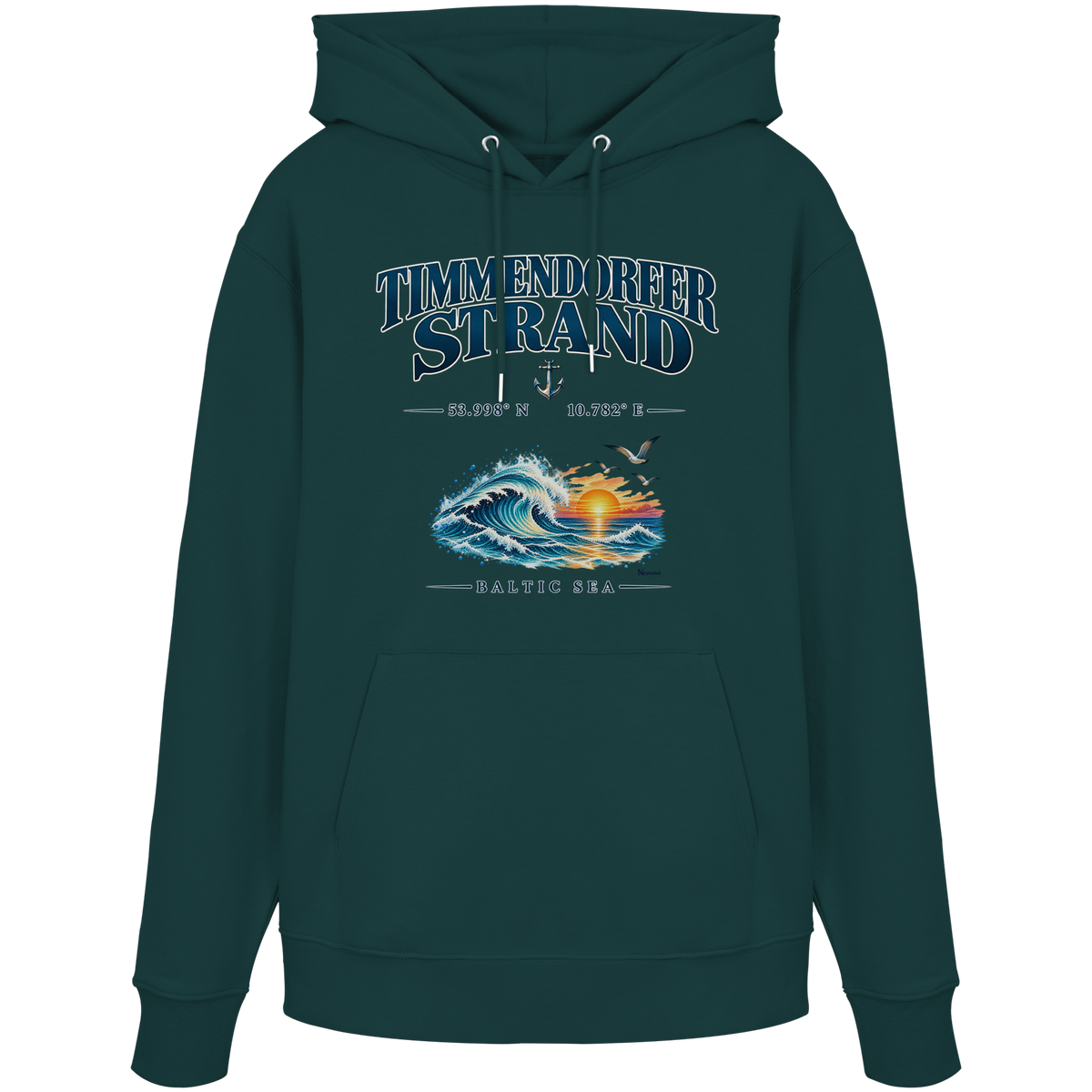 Original-Mockup 9: Unisex Bio-Hoodie in Glazed Green mit Timmendorfer Strand – Baltic Sea Frontprint.