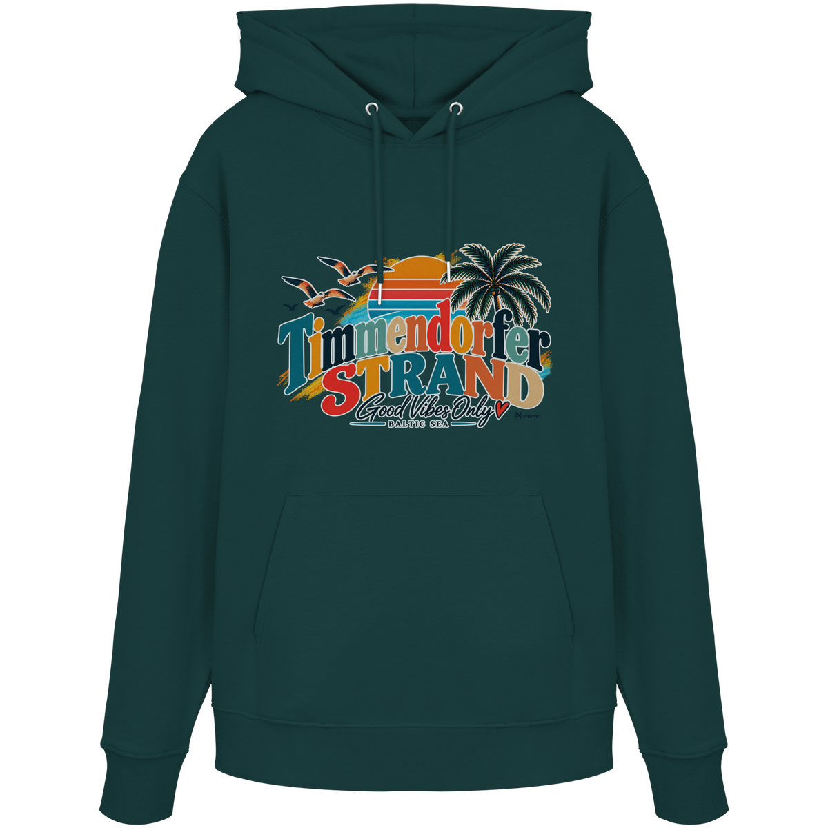 Unisex-Hoodie in Glazed Green mit Timmendorfer-Strand-Good-Vibes-Only-Frontprint, originales Shirtigo-Mockup.