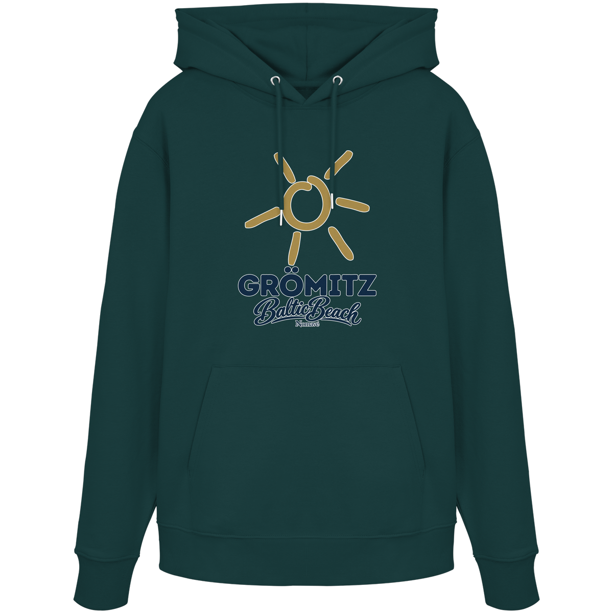 Bio Unisex Hoodie Grömitz Sonne Baltic Beach in Glazed Green – Frontdruck mit goldener Sonne, Shirtigo-Originalmockup 7