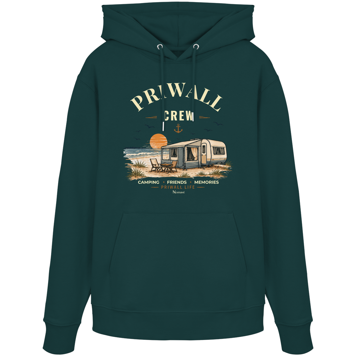 Bio Hoodie Kapuzenpullover in Glazed Green mit korrigiertem Priwall-Crew-Motiv der Dark Edition – Vorderansicht