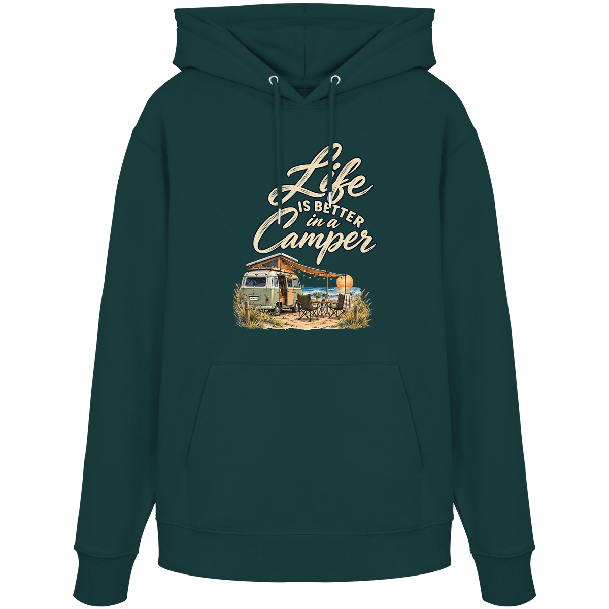 Bio Hoodie in Glazed Green mit „Life is better in a Camper“-Motiv – Vorderansicht für Vanlife- und Campingfans