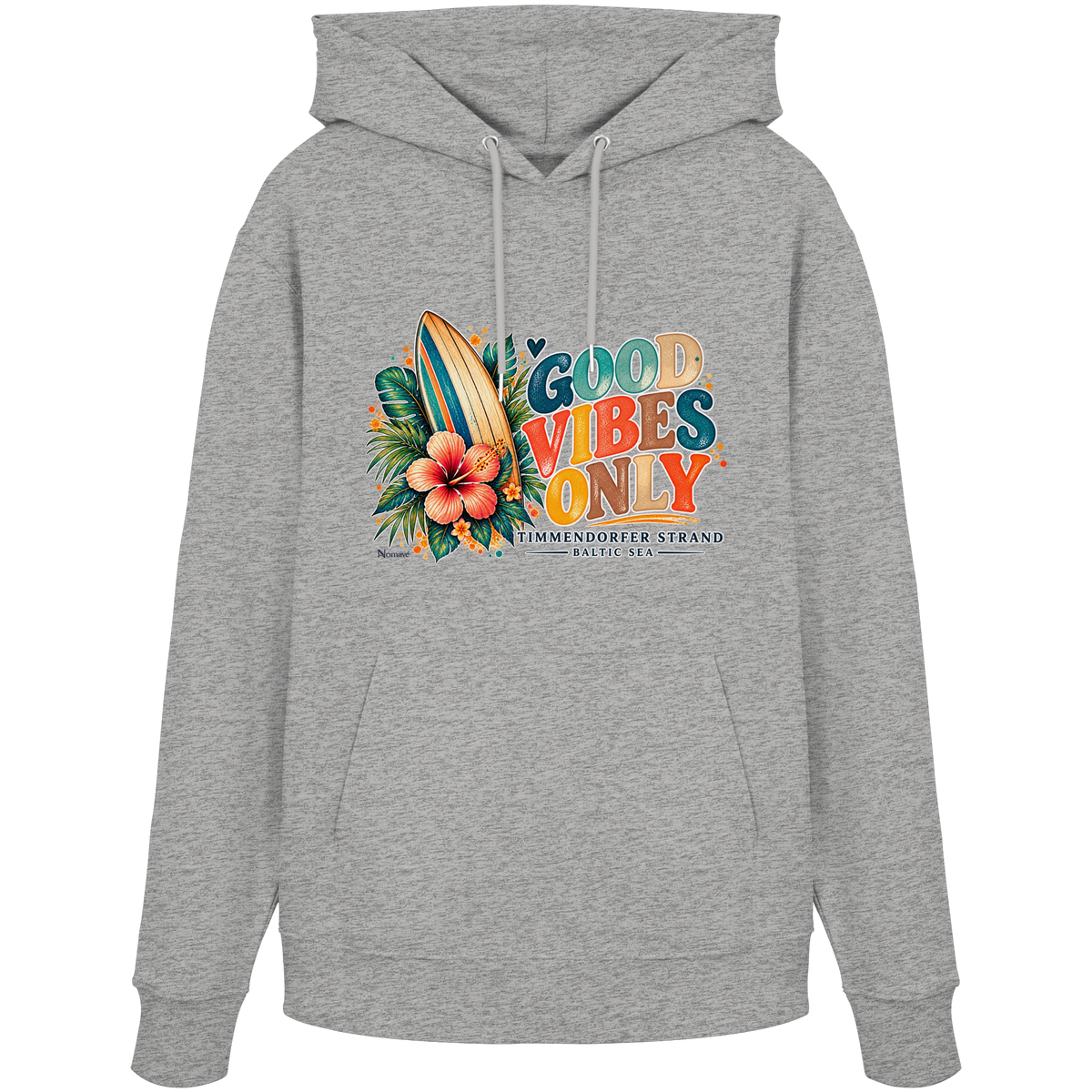 Timmendorfer Strand – Surf Vibes – Unisex Bio-Hoodie mit Frontprint in Heather Grey – Katalog-Vorderansicht mit Surfboard, Hibiskus und Good-Vibes-Only-Frontprint.