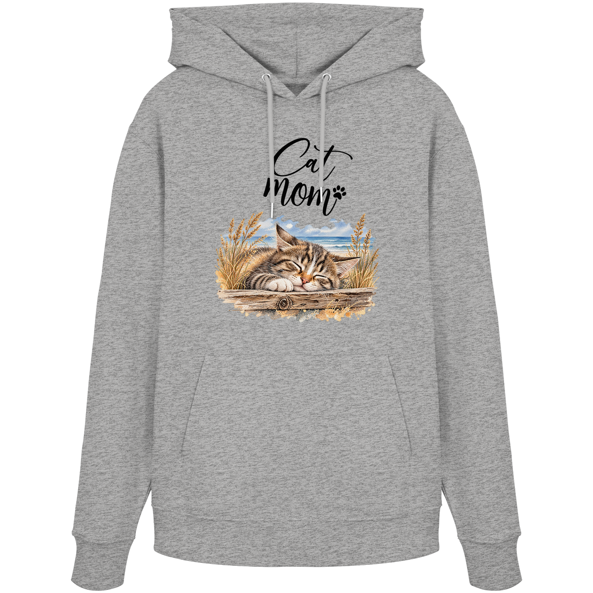 Unisex Bio-Hoodie in Heather Grey mit Cat-Mom-Katzenmotiv als Frontprint – Vorderansicht im Original-Mockup.