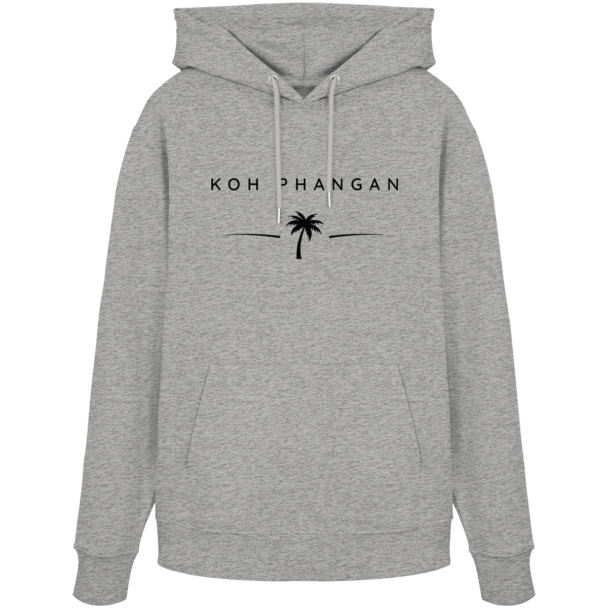 Frontansicht des Bio Hoodie in Heather Grey mit Koh Phangan Minimal Palm Frontprint