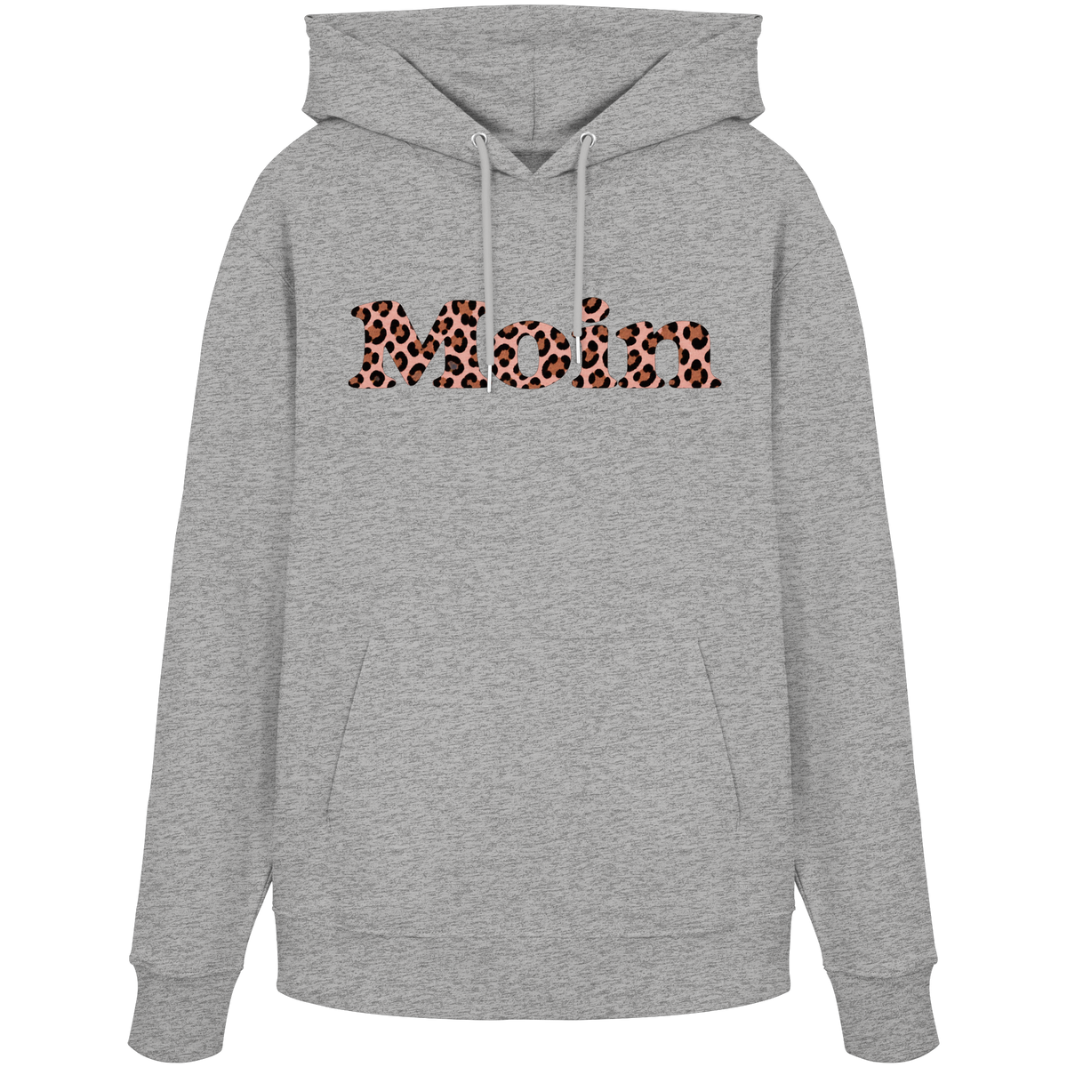 Bio-Unisex-Hoodie in Heather Grey von vorne mit Moin-Leo-Blush-Pink-Motiv.