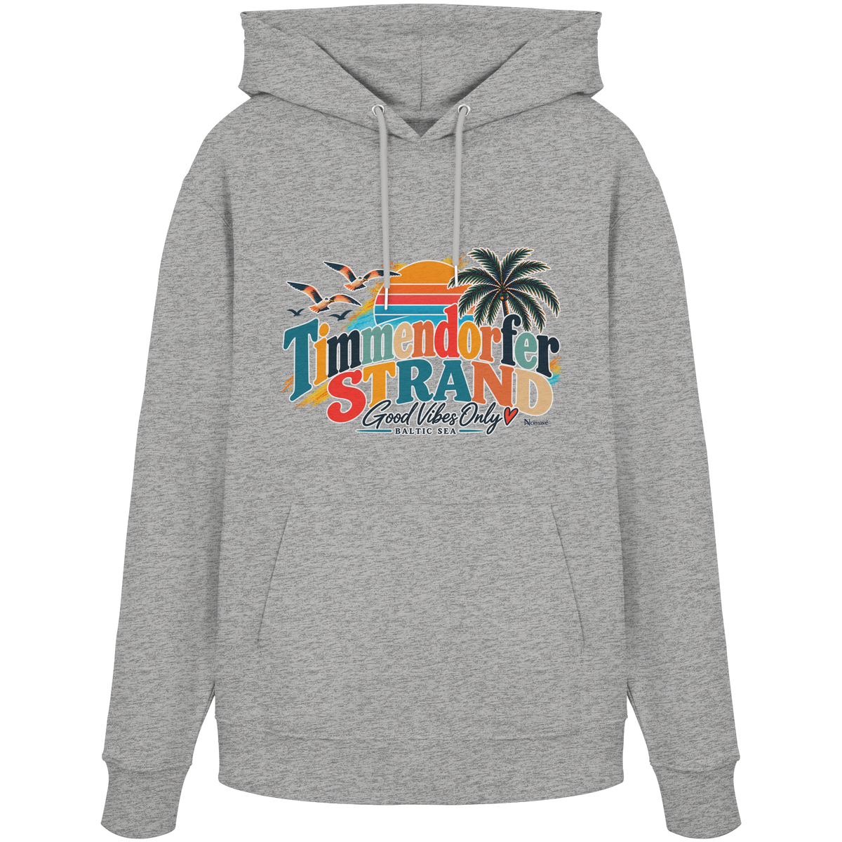 Unisex-Hoodie in Heather Grey mit Timmendorfer-Strand-Good-Vibes-Only-Frontprint, originales Shirtigo-Mockup.
