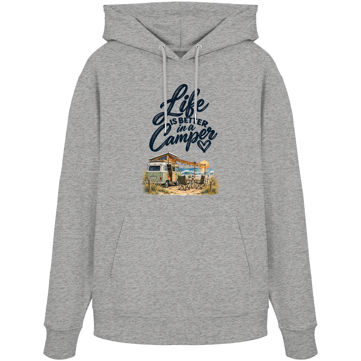 Bio Hoodie Kapuzenpullover mit „Life is better in a Camper“-Motiv – Vorderansicht in Heather Grey für Vanlife- und Campingfans