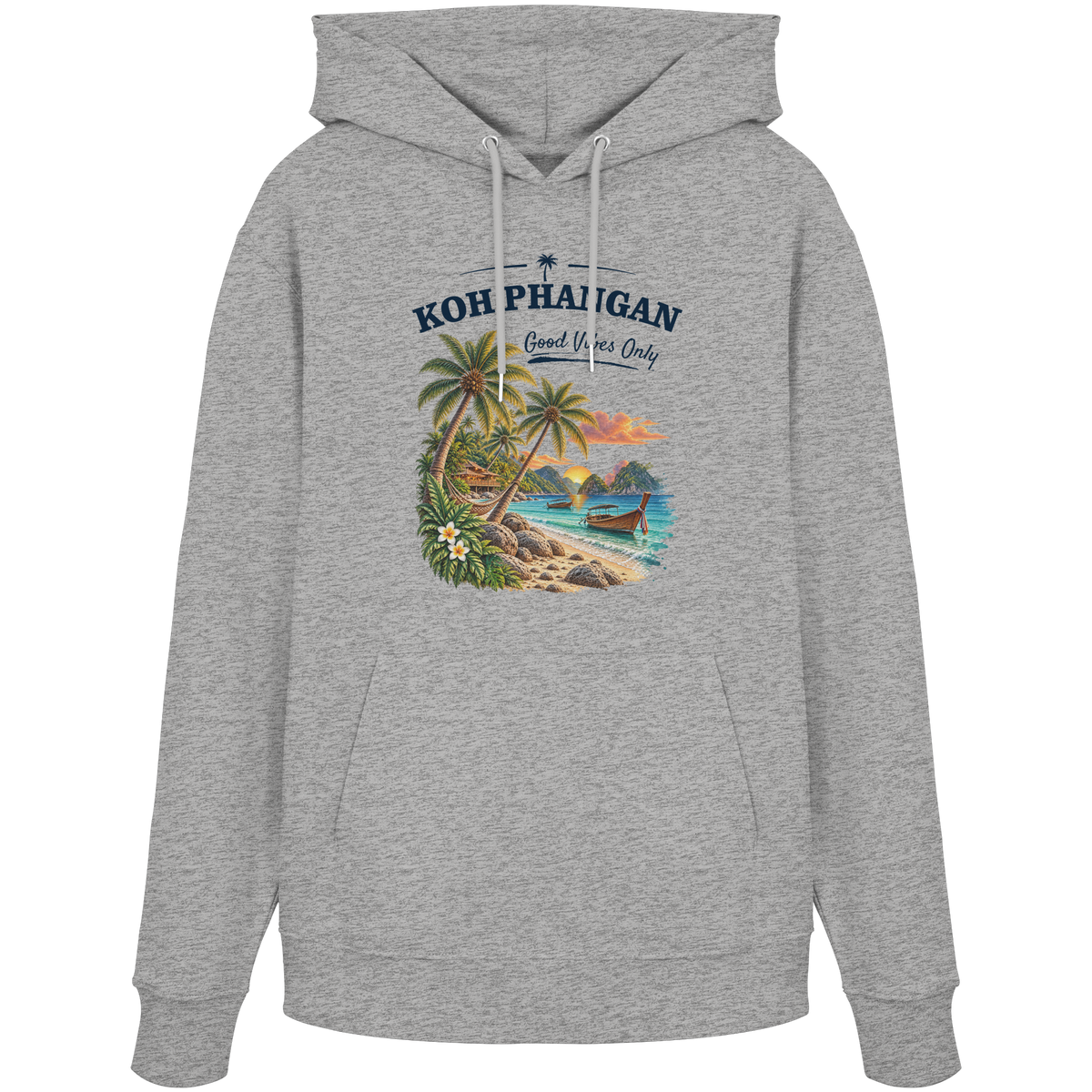 Koh Phangan Good Vibes Only – Bio Hoodie – Original-Mockup organic hoodie heather grey mit Frontprint