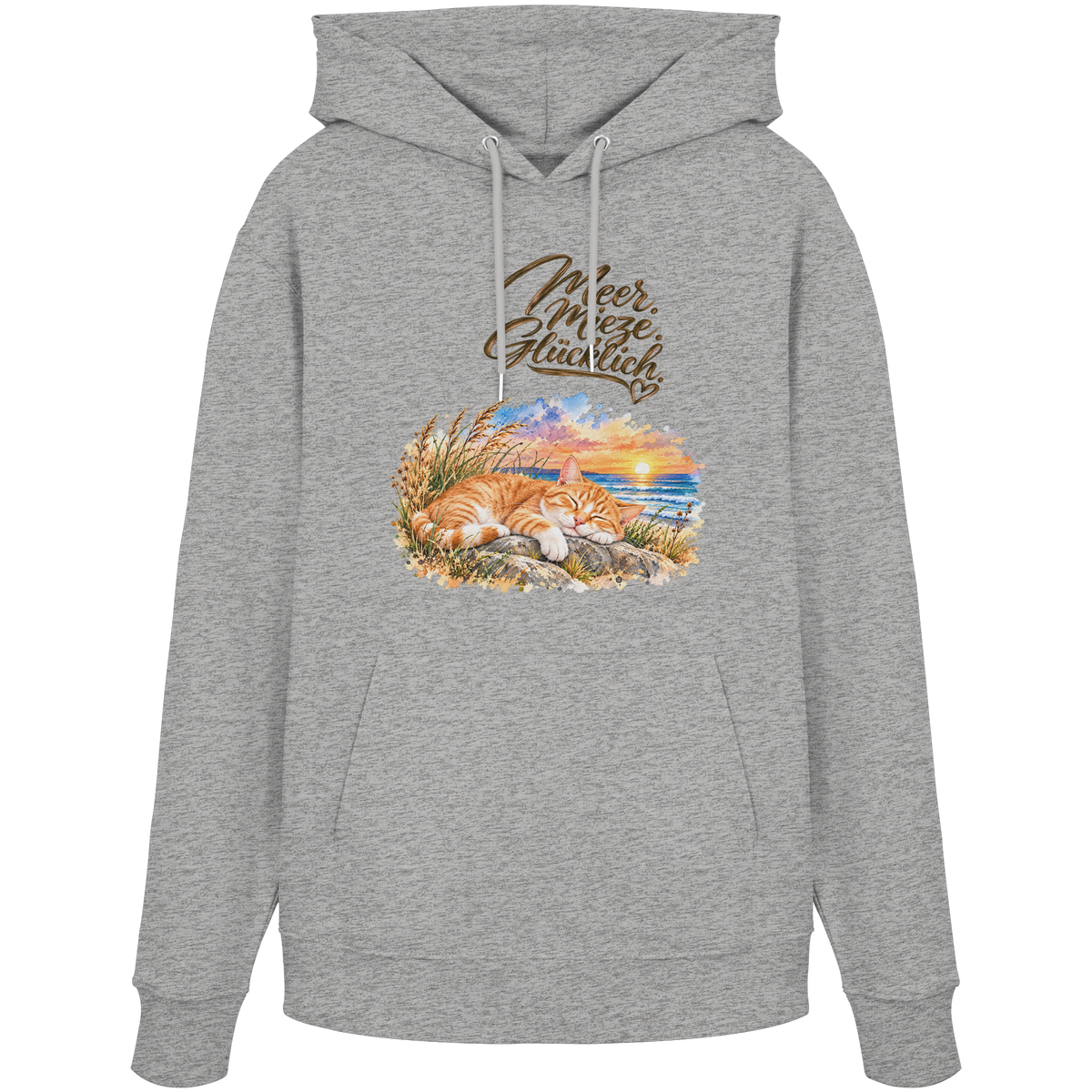Unisex Bio-Hoodie in Heather Grey mit „Meer. Mieze. Glücklich.“ als Frontprint – Original-Mockup