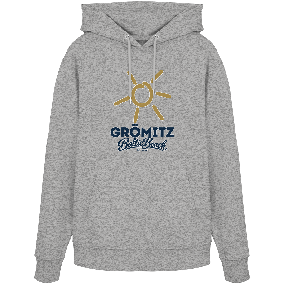 Bio Unisex Hoodie Grömitz Sonne Baltic Beach in Heather Grey – Frontdruck mit goldener Sonne, Shirtigo-Originalmockup 3