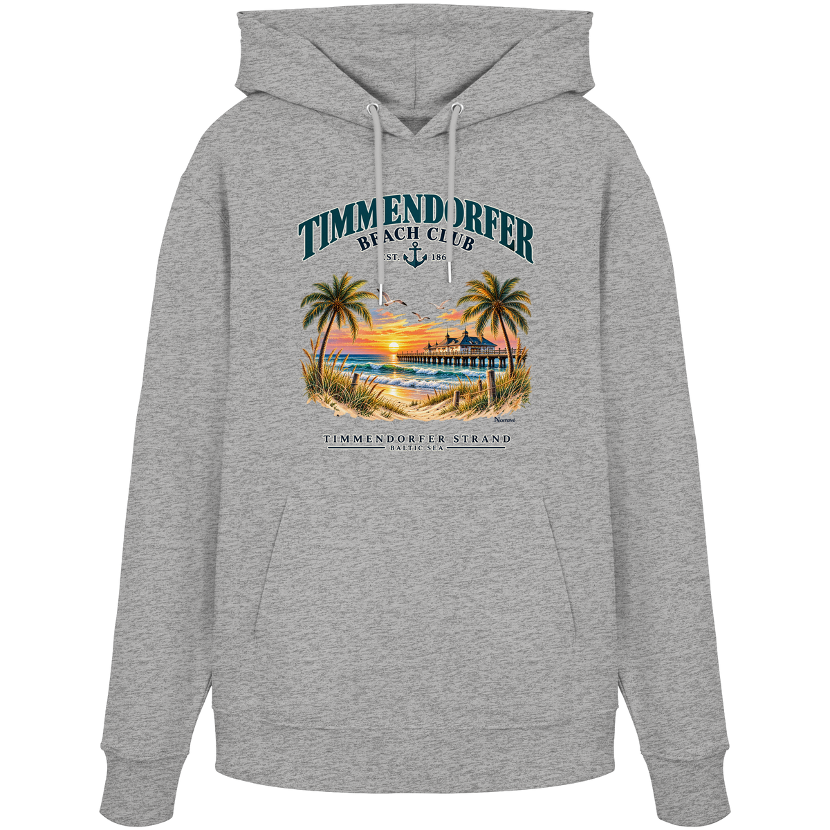 Originalmockup: Timmendorfer Beach Club Unisex Bio-Hoodie in Heather Grey, Vorderansicht mit maritimem Frontprint, Palmen, Seebrücke und Meer.