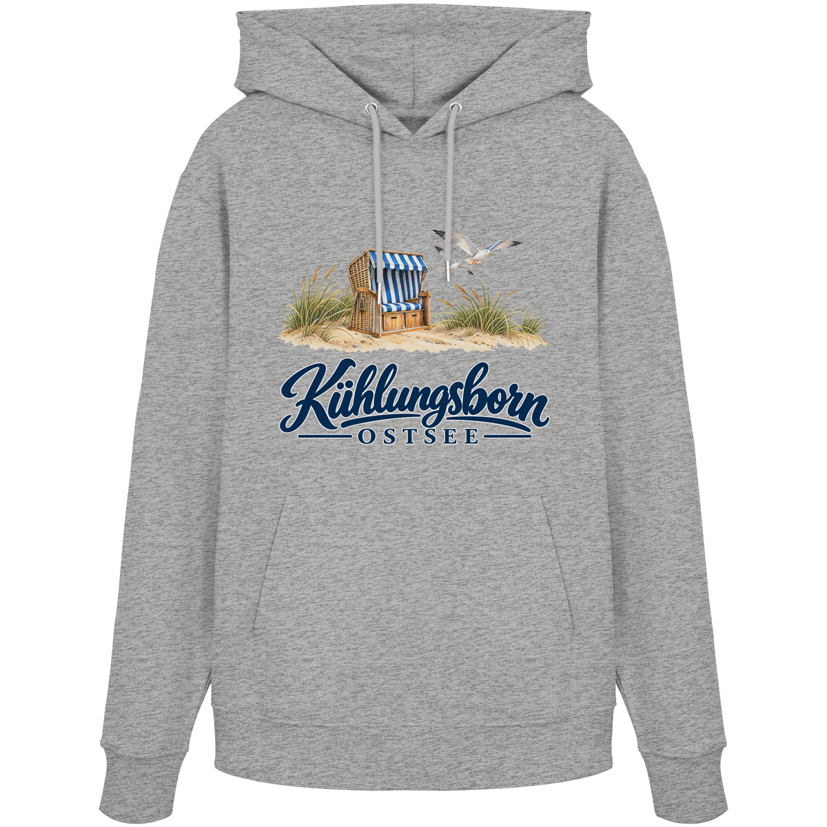 Bio-Unisex-Hoodie Kühlungsborn – Strandkorb & Ostsee in Heather Grey, Shirtigo-Originalmockup der Vorderseite mit Strandkorbmotiv.