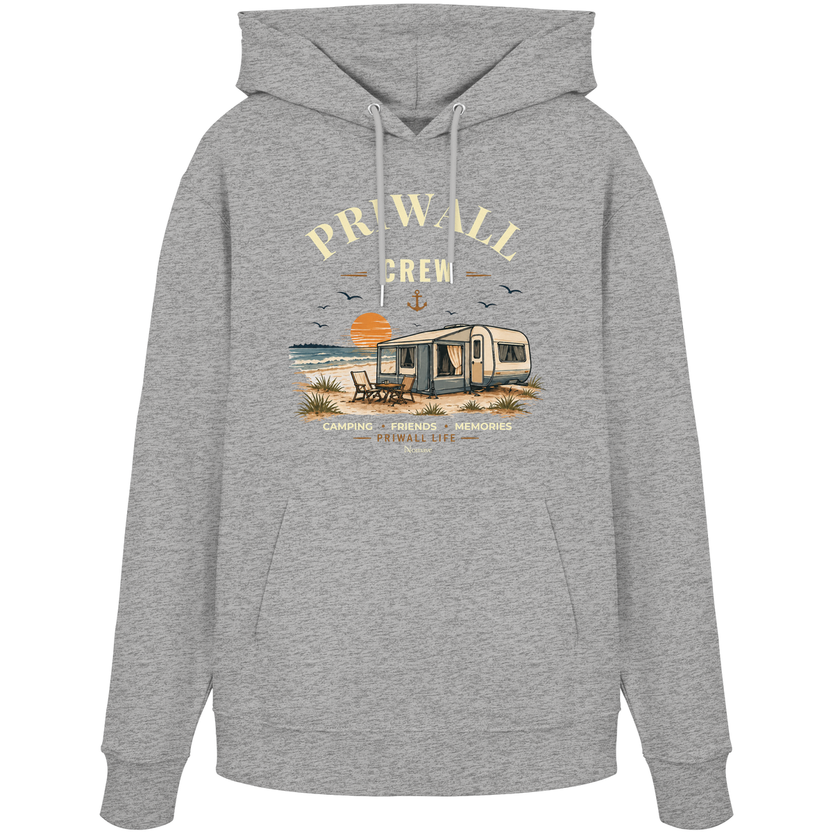 Bio Hoodie Kapuzenpullover in Heather Grey mit korrigiertem Priwall-Crew-Motiv der Dark Edition – Vorderansicht