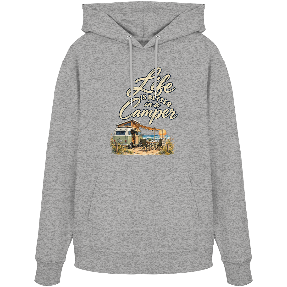 Bio Hoodie in Heather Grey mit „Life is better in a Camper“-Motiv – Vorderansicht für Vanlife- und Campingfans