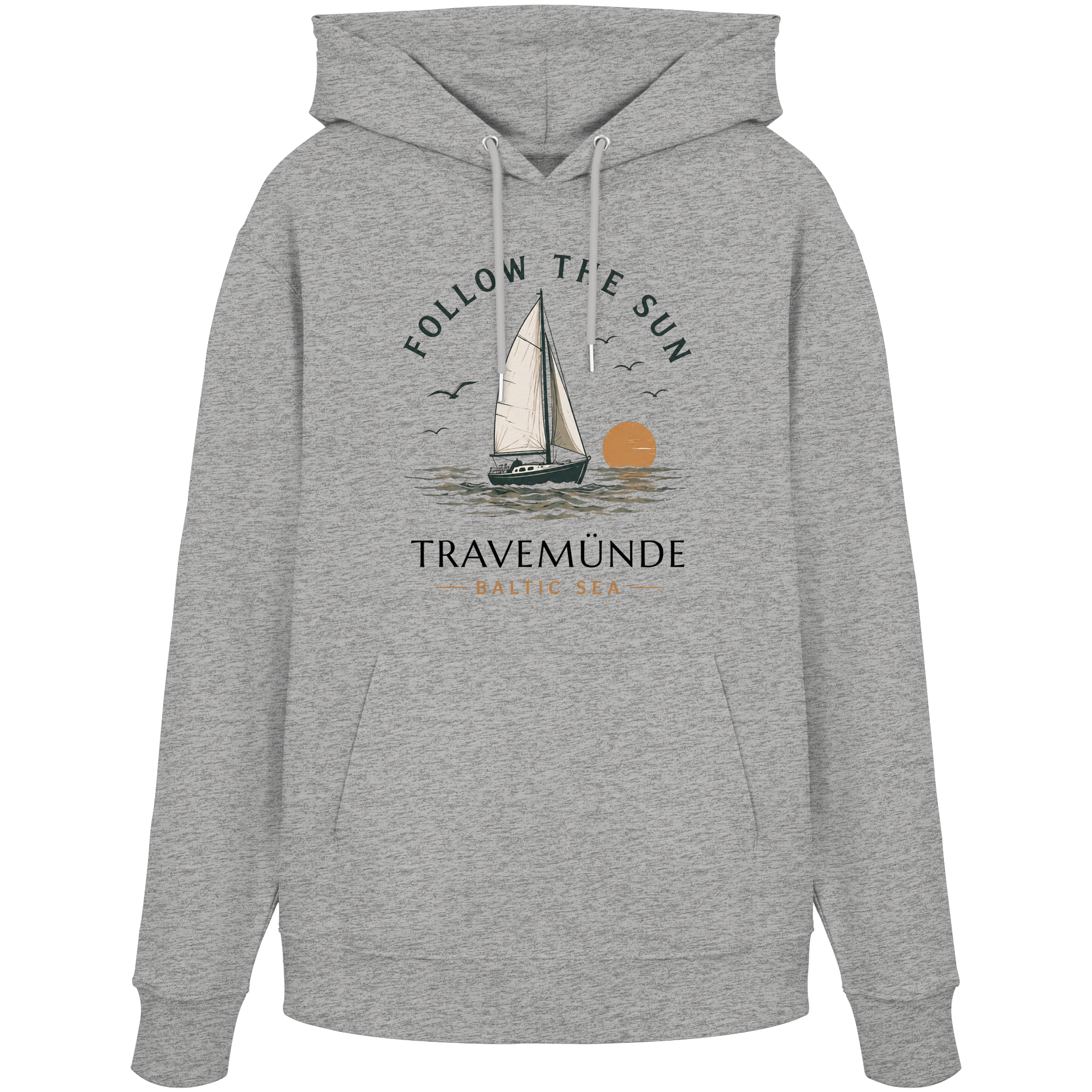 Travemünde Follow the Sun Hoodie in Heather Grey mit Segelboot Motiv und Baltic Sea Design