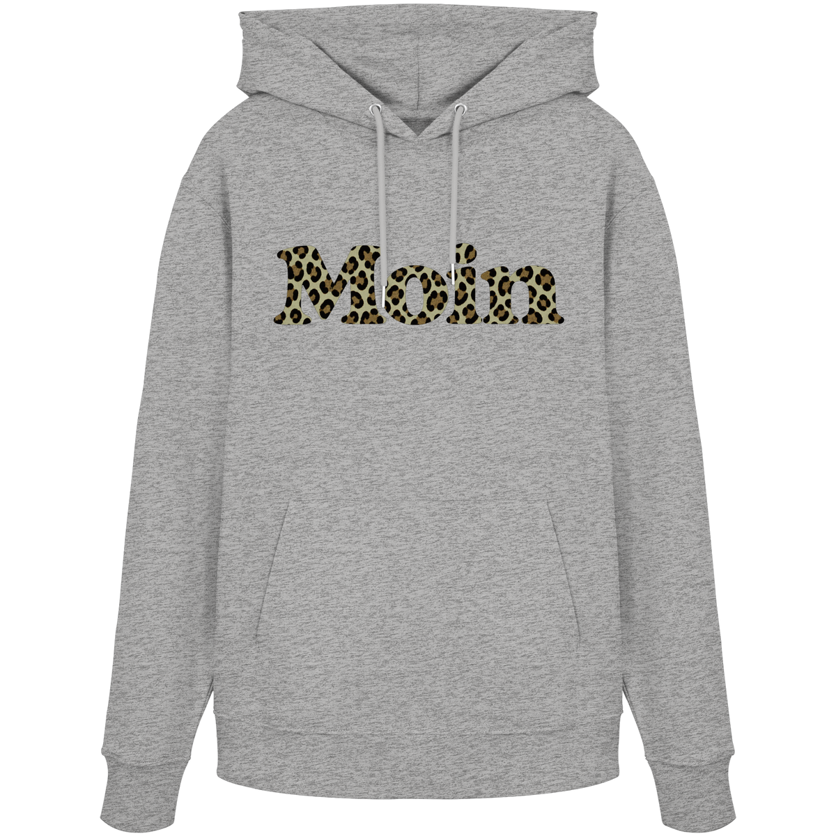 Bio Unisex Hoodie in Heather Grey mit Moin-Leoprint in Sage Green als Frontprint, Original-Mockup.