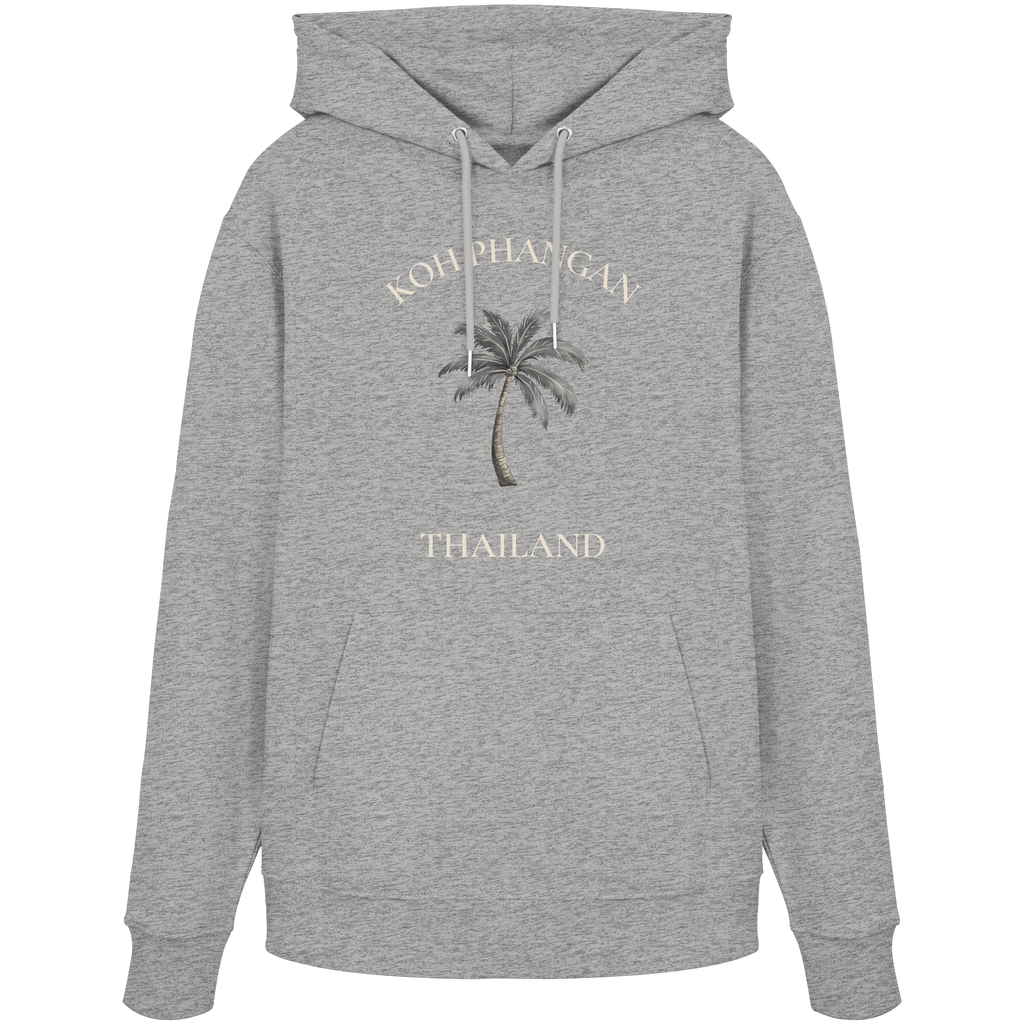 Original-Shirtigo-Mockup: Unisex Bio Hoodie in Heather Grey mit Koh Phangan Mini Palm Frontprint