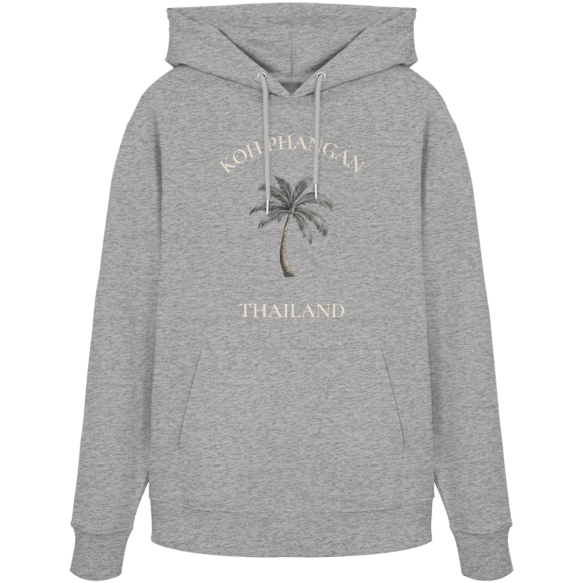 Original-Shirtigo-Mockup: Unisex Bio Hoodie in Heather Grey mit Koh Phangan Mini Palm Frontprint