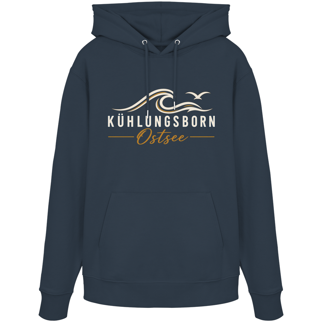 Shirtigo-Originalmockup: Bio-Hoodie Kühlungsborn Baltic Waves, Dark Edition, India Ink Grey, Vorderansicht mit Motiv.