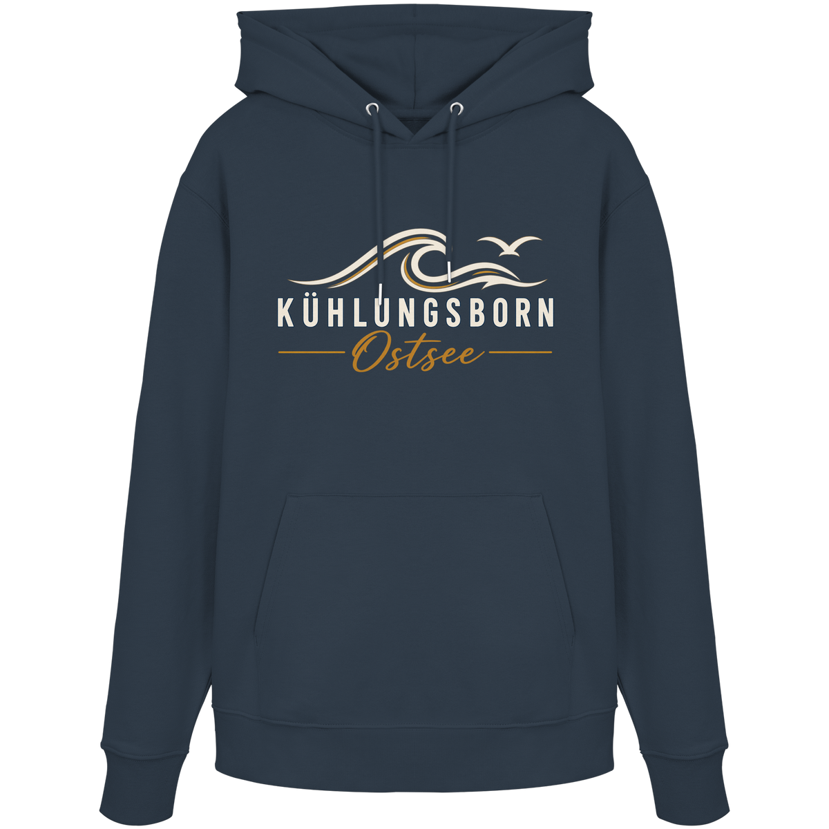 Shirtigo-Originalmockup: Bio-Hoodie Kühlungsborn Baltic Waves, Dark Edition, India Ink Grey, Vorderansicht mit Motiv.