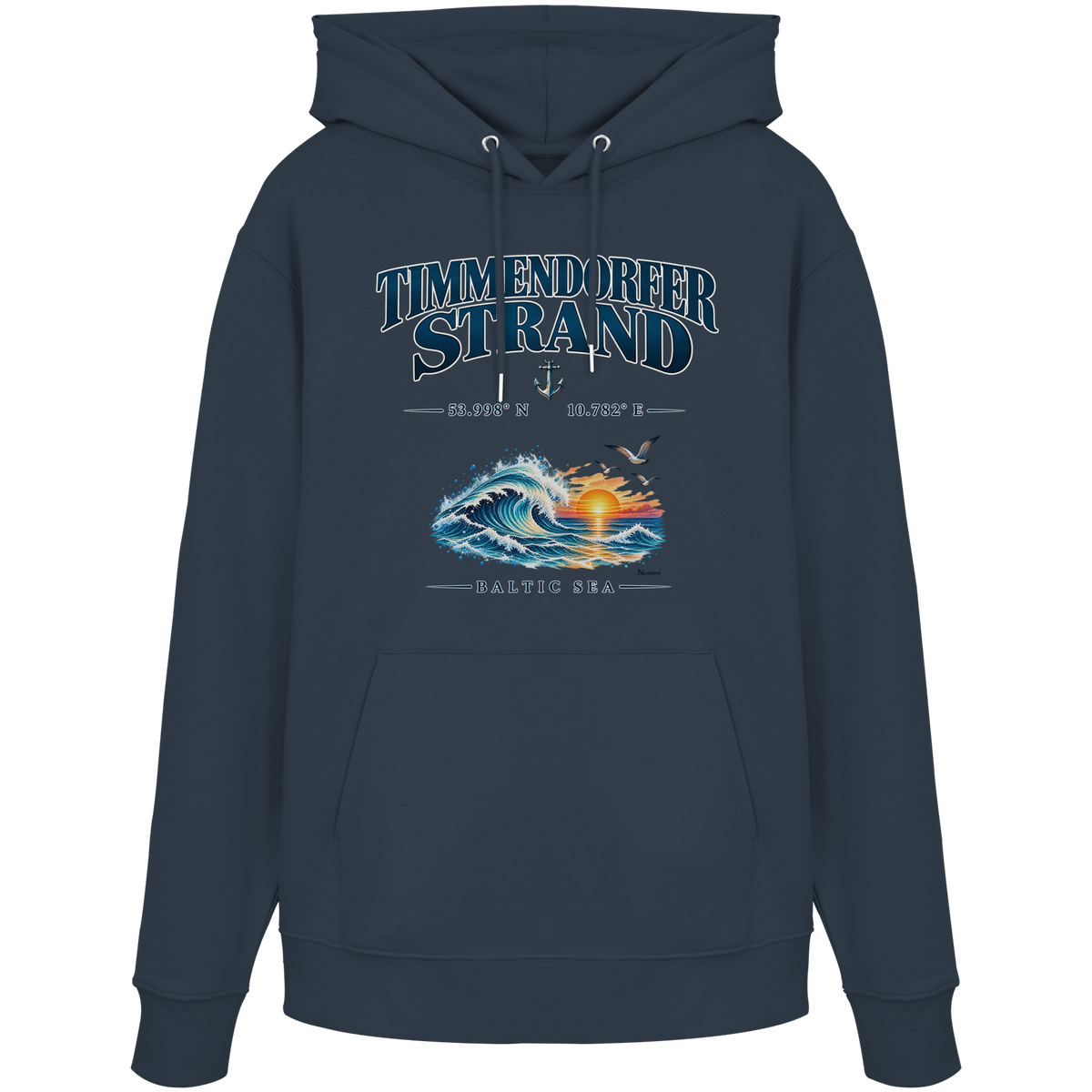 Original-Mockup 8: Unisex Bio-Hoodie in India Ink Grey mit Timmendorfer Strand – Baltic Sea Frontprint.