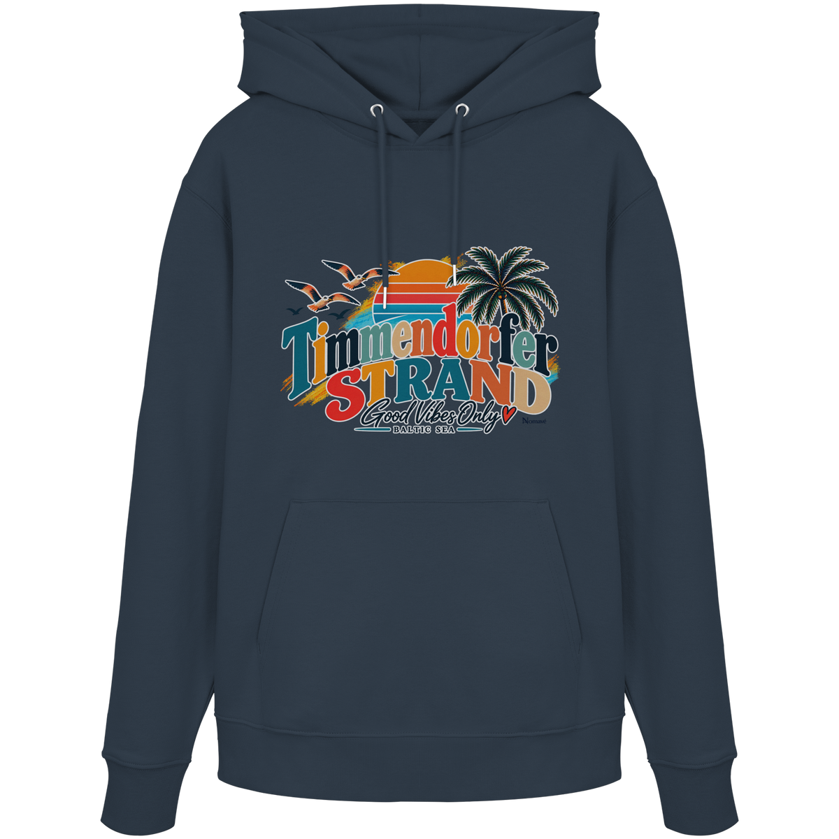 Unisex-Hoodie in India Ink Grey mit Timmendorfer-Strand-Good-Vibes-Only-Frontprint, originales Shirtigo-Mockup.