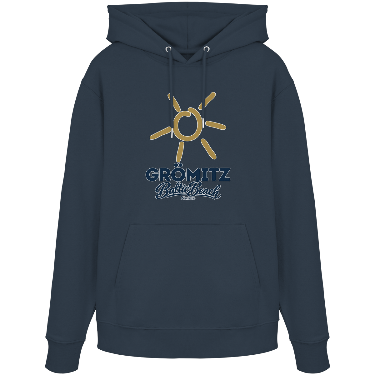 Bio Unisex Hoodie Grömitz Sonne Baltic Beach in India Ink Grey – Frontdruck mit goldener Sonne, Shirtigo-Originalmockup 10