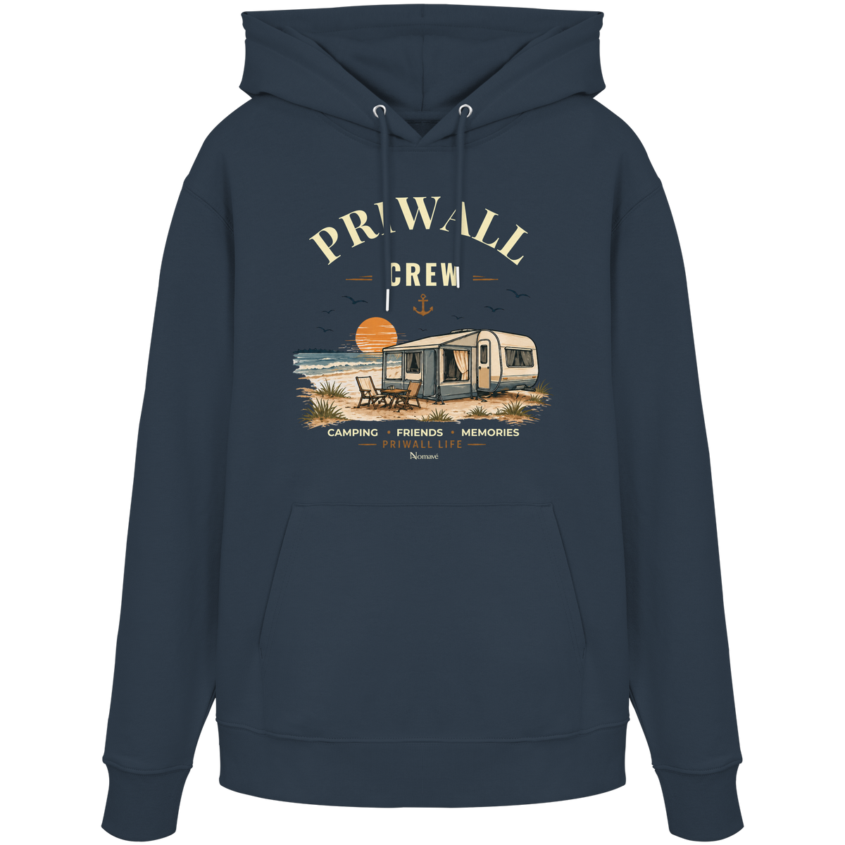 Bio Hoodie Kapuzenpullover in India Ink Grey mit korrigiertem Priwall-Crew-Motiv der Dark Edition – Vorderansicht