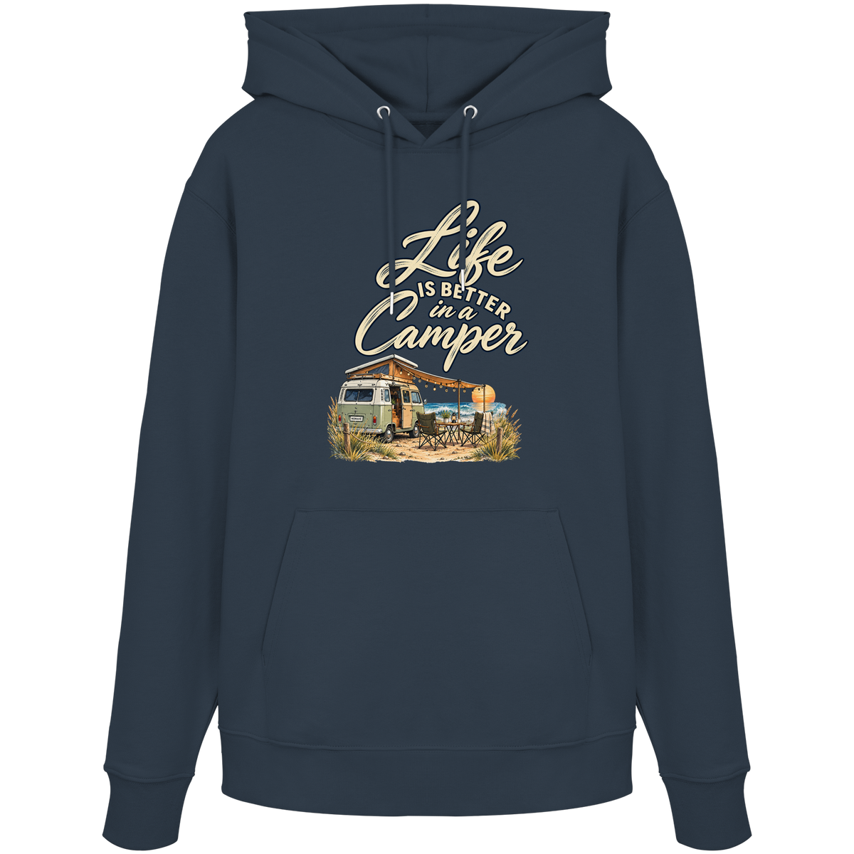Bio Hoodie in India Ink Grey mit „Life is better in a Camper“-Motiv – Vorderansicht für Vanlife- und Campingfans