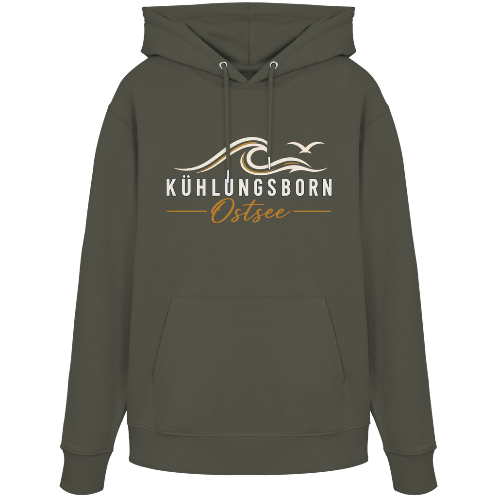 Shirtigo-Originalmockup: Bio-Hoodie Kühlungsborn Baltic Waves, Dark Edition, Khaki, Vorderansicht mit Motiv.