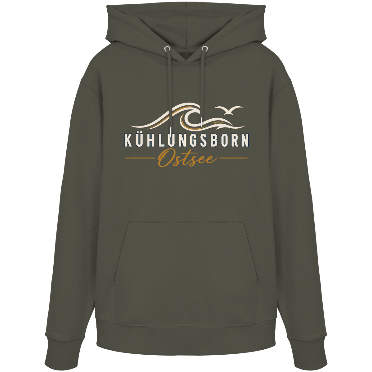 Shirtigo-Originalmockup: Bio-Hoodie Kühlungsborn Baltic Waves, Dark Edition, Khaki, Vorderansicht mit Motiv.