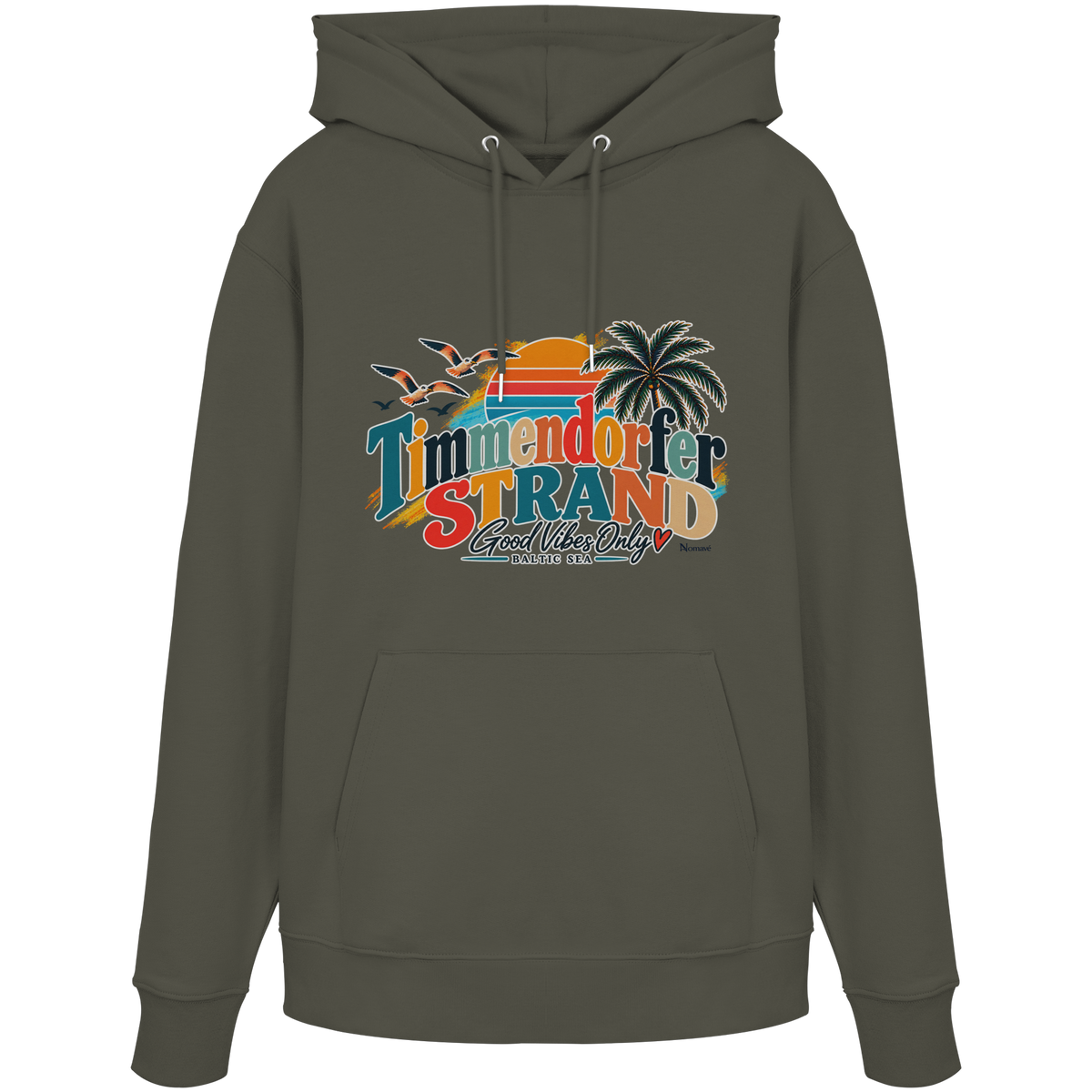 Unisex-Hoodie in Khaki mit Timmendorfer-Strand-Good-Vibes-Only-Frontprint, originales Shirtigo-Mockup.