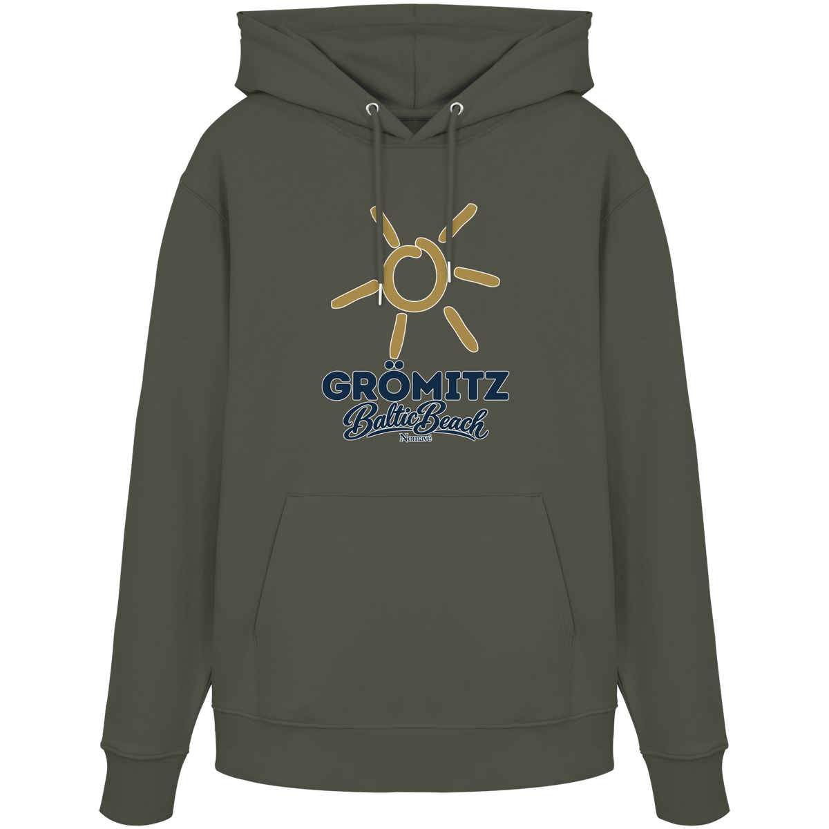 Bio Unisex Hoodie Grömitz Sonne Baltic Beach in Khaki – Frontdruck mit goldener Sonne, Shirtigo-Originalmockup 6