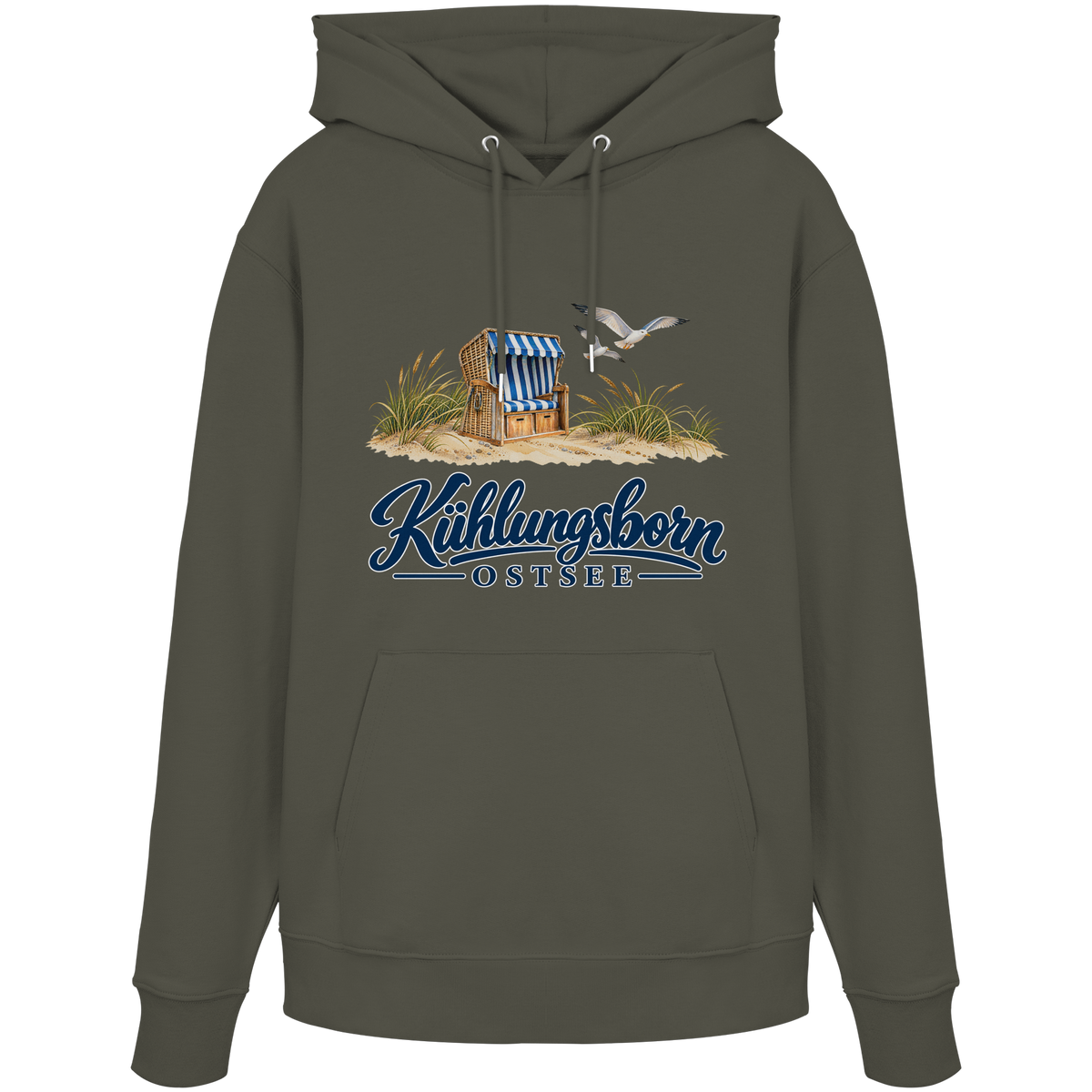 Bio-Unisex-Hoodie Kühlungsborn – Strandkorb & Ostsee in Khaki, Shirtigo-Originalmockup der Vorderseite mit Strandkorbmotiv.