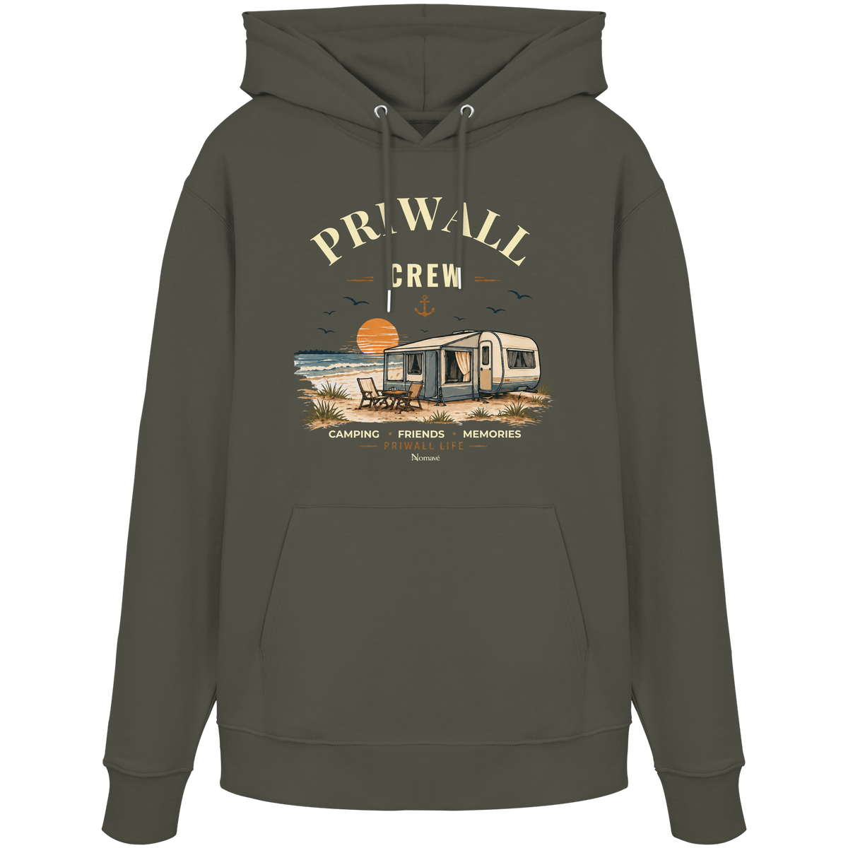 Bio Hoodie Kapuzenpullover in Khaki mit korrigiertem Priwall-Crew-Motiv der Dark Edition – Vorderansicht