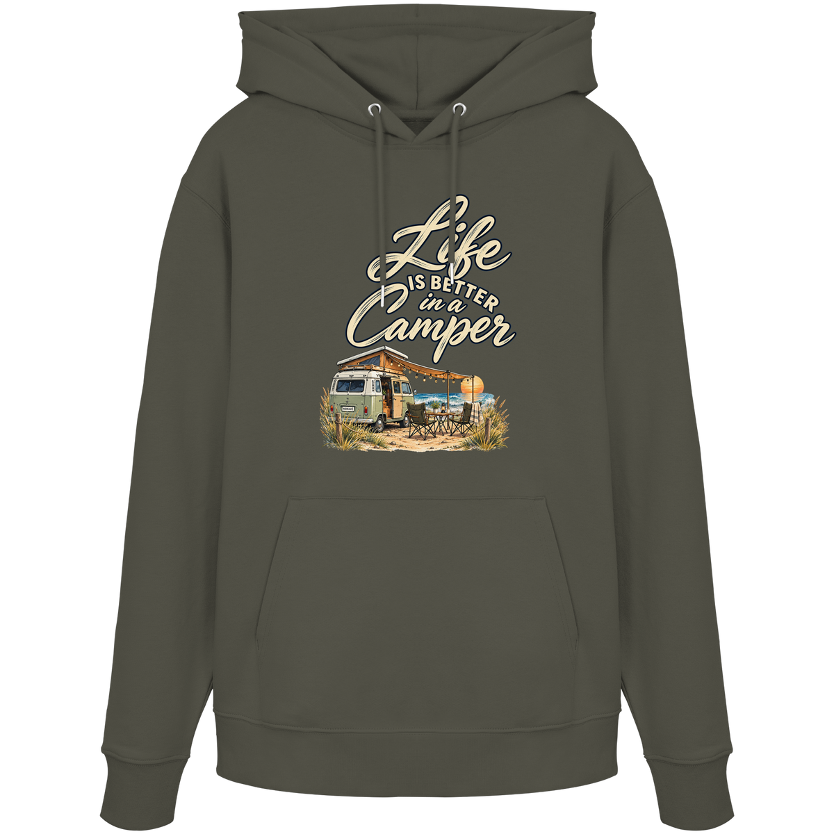Bio Hoodie in Khaki mit „Life is better in a Camper“-Motiv – Vorderansicht für Vanlife- und Campingfans