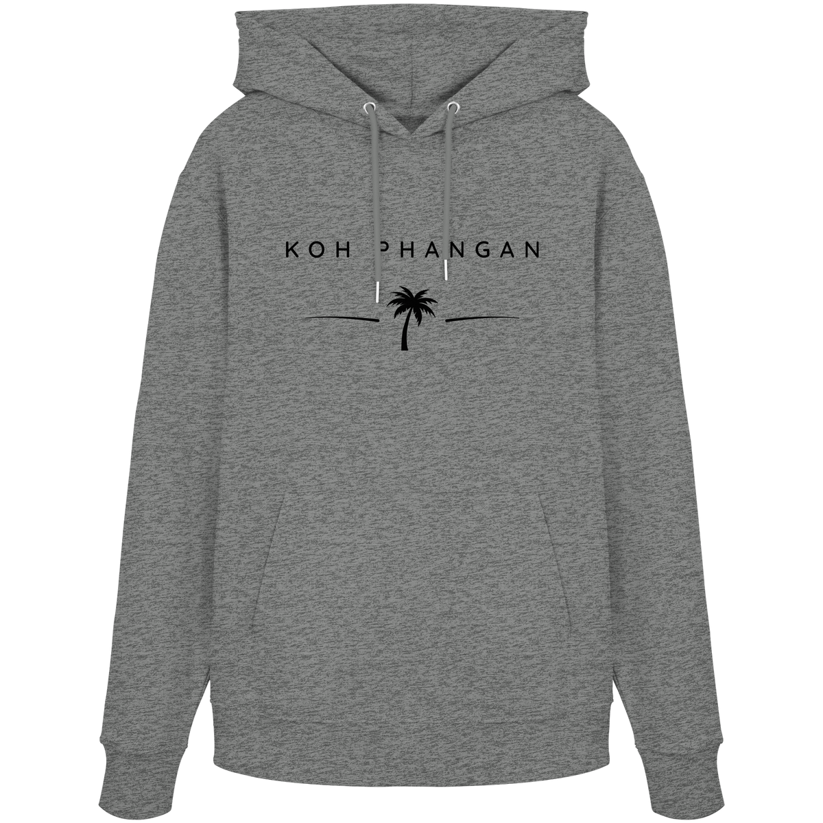 Frontansicht des Bio Hoodie in Heather Grey mit Koh Phangan Minimal Palm Frontprint
