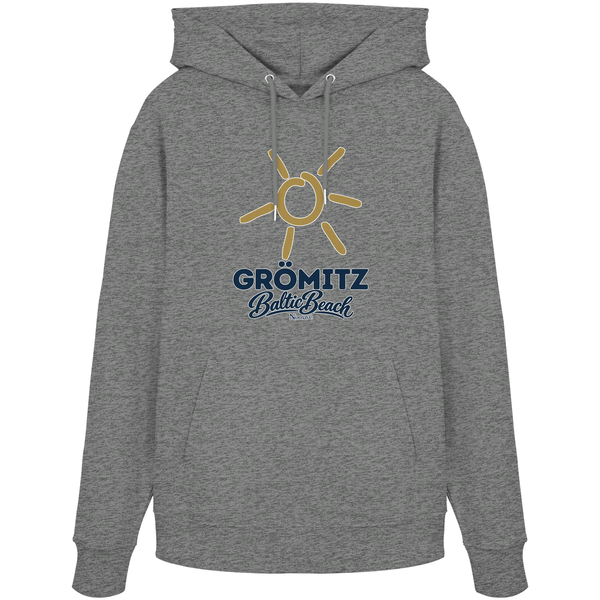 Bio Unisex Hoodie Grömitz Sonne Baltic Beach in Mid Heather Grey – Frontdruck mit goldener Sonne, Shirtigo-Originalmockup 8