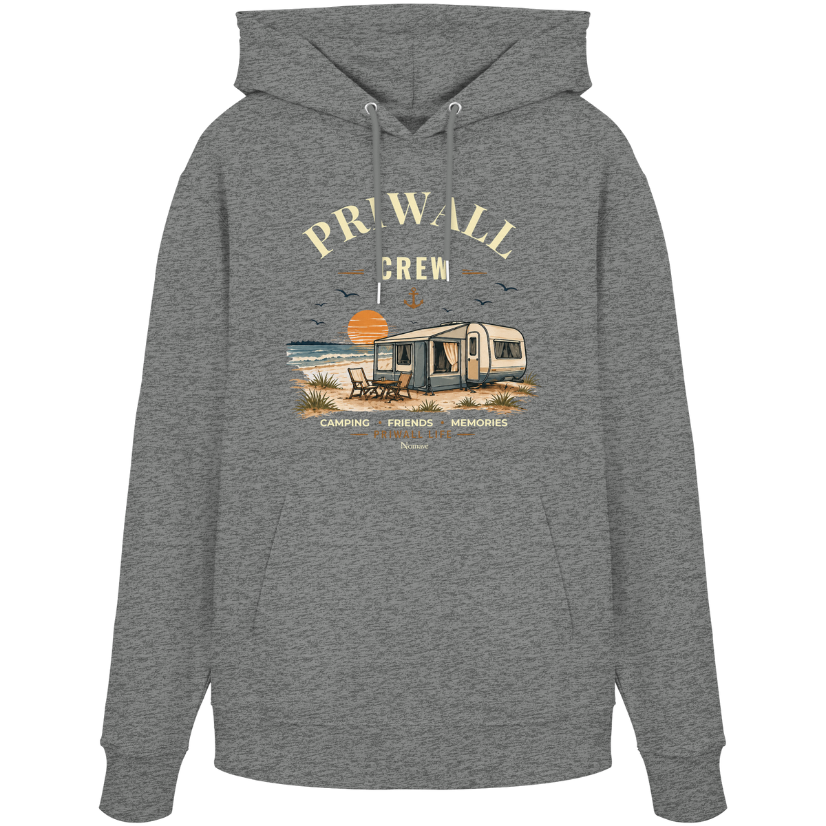 Bio Hoodie Kapuzenpullover in Mid Heather Grey mit korrigiertem Priwall-Crew-Motiv der Dark Edition – Vorderansicht