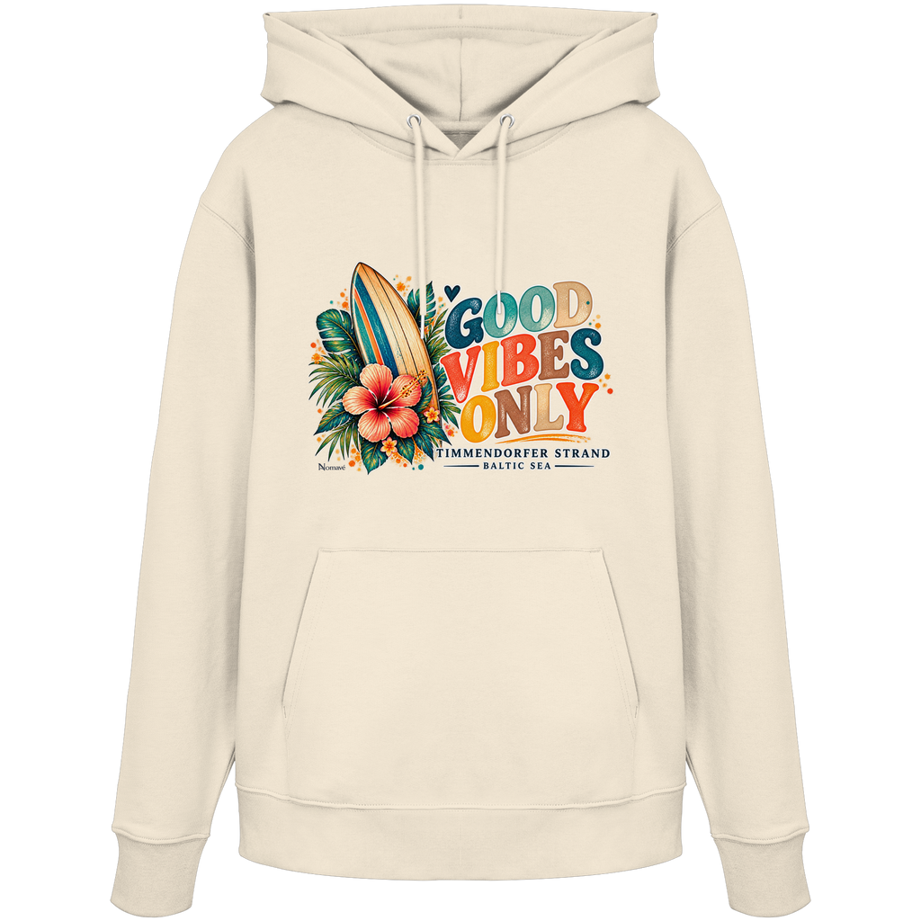 Timmendorfer Strand – Surf Vibes – Unisex Bio-Hoodie mit Frontprint in Natural Raw – Katalog-Vorderansicht mit Surfboard, Hibiskus und Good-Vibes-Only-Frontprint.