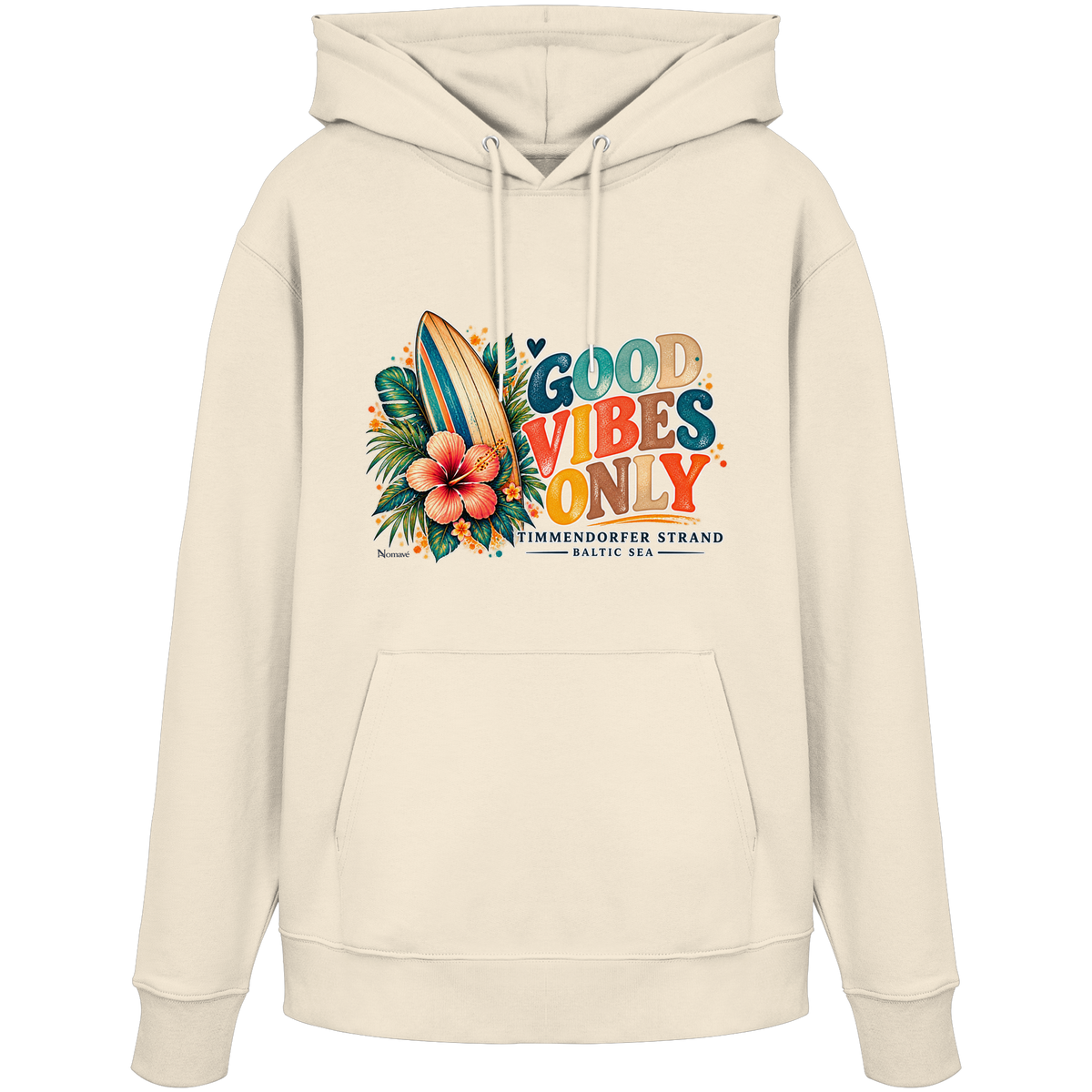 Timmendorfer Strand – Surf Vibes – Unisex Bio-Hoodie mit Frontprint in Natural Raw – Katalog-Vorderansicht mit Surfboard, Hibiskus und Good-Vibes-Only-Frontprint.