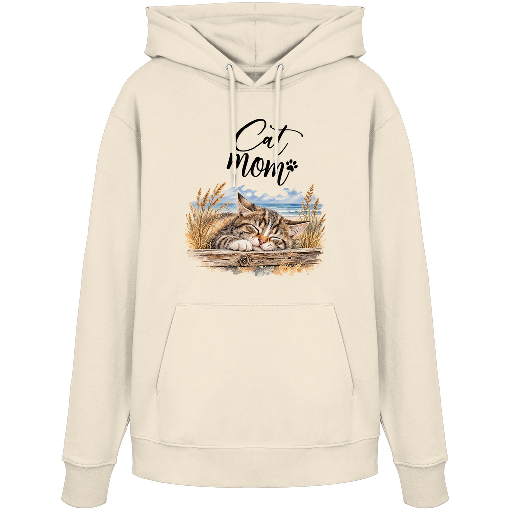 Unisex Bio-Hoodie in Natural Raw mit Cat-Mom-Katzenmotiv als Frontprint – Vorderansicht im Original-Mockup.