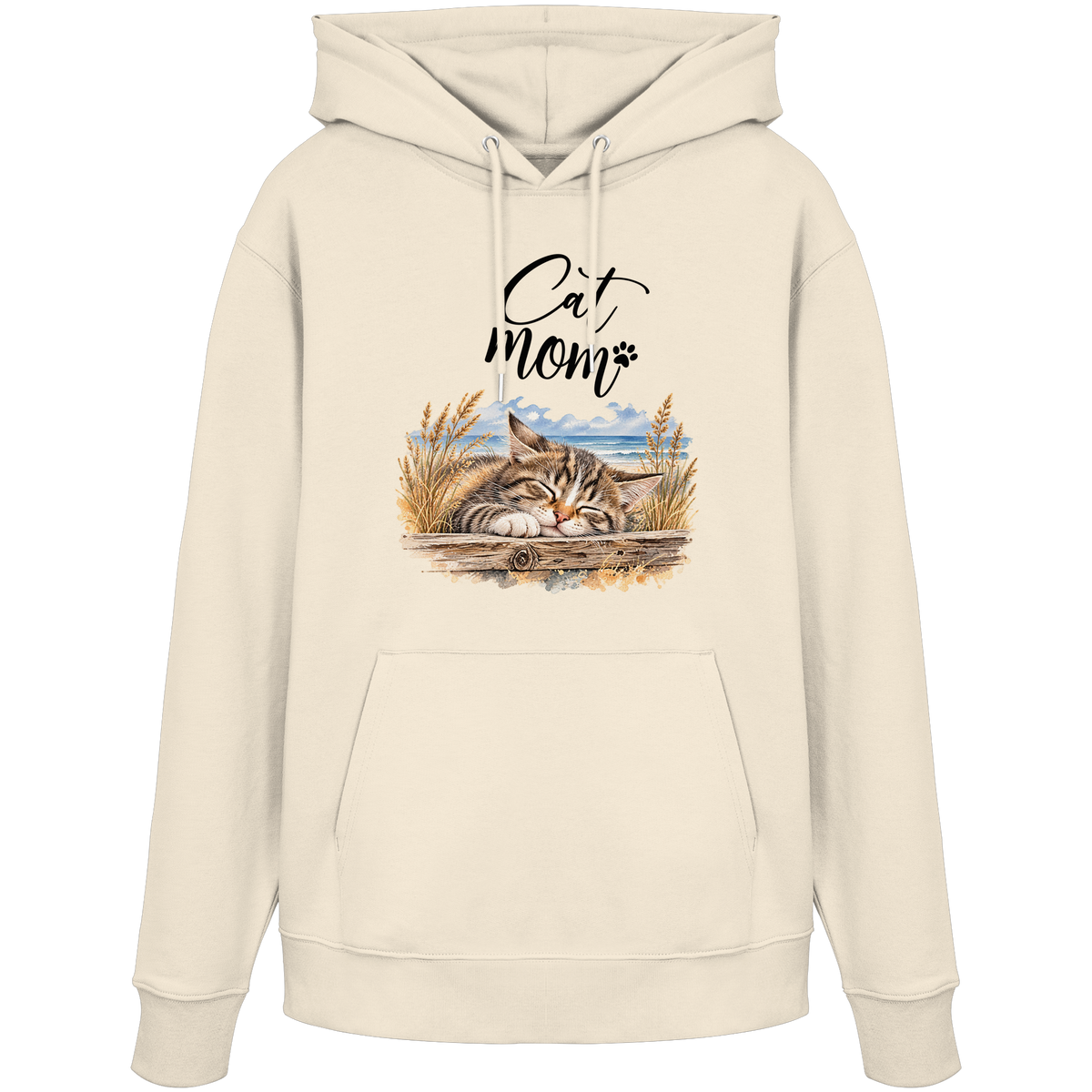 Unisex Bio-Hoodie in Natural Raw mit Cat-Mom-Katzenmotiv als Frontprint – Vorderansicht im Original-Mockup.