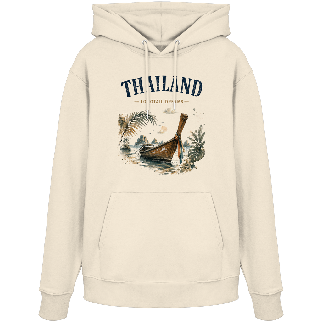 Naturfarbener Thailand Longtail Dreams Unisex Bio-Hoodie mit Frontmotiv