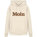 Original-Shirtigo-Mockup: Bio Unisex Hoodie in Natural Raw mit lesbarem „Moin“ im Karamell-Leoprint als Frontprint