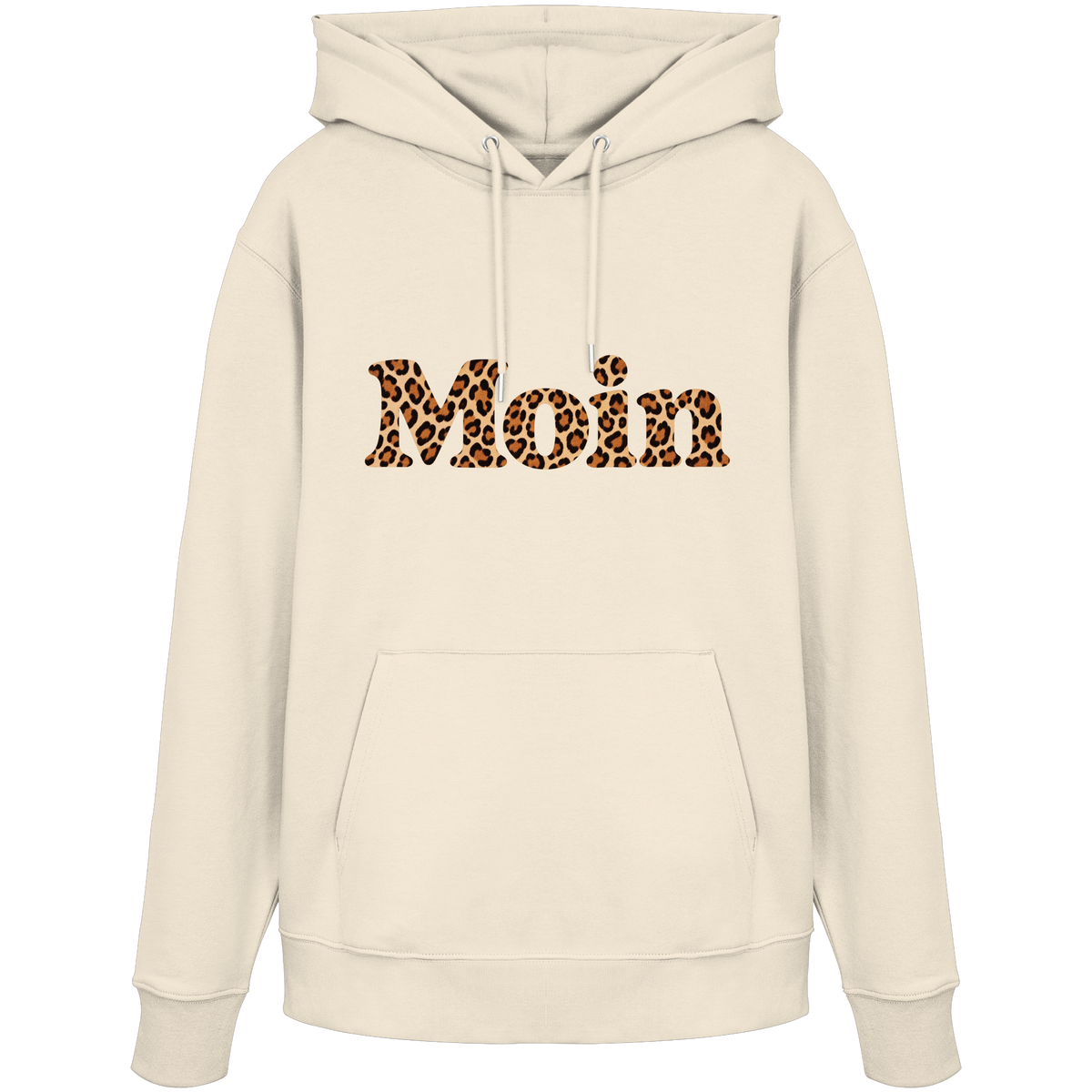 Original-Shirtigo-Mockup: Bio Unisex Hoodie in Natural Raw mit lesbarem „Moin“ im Karamell-Leoprint als Frontprint