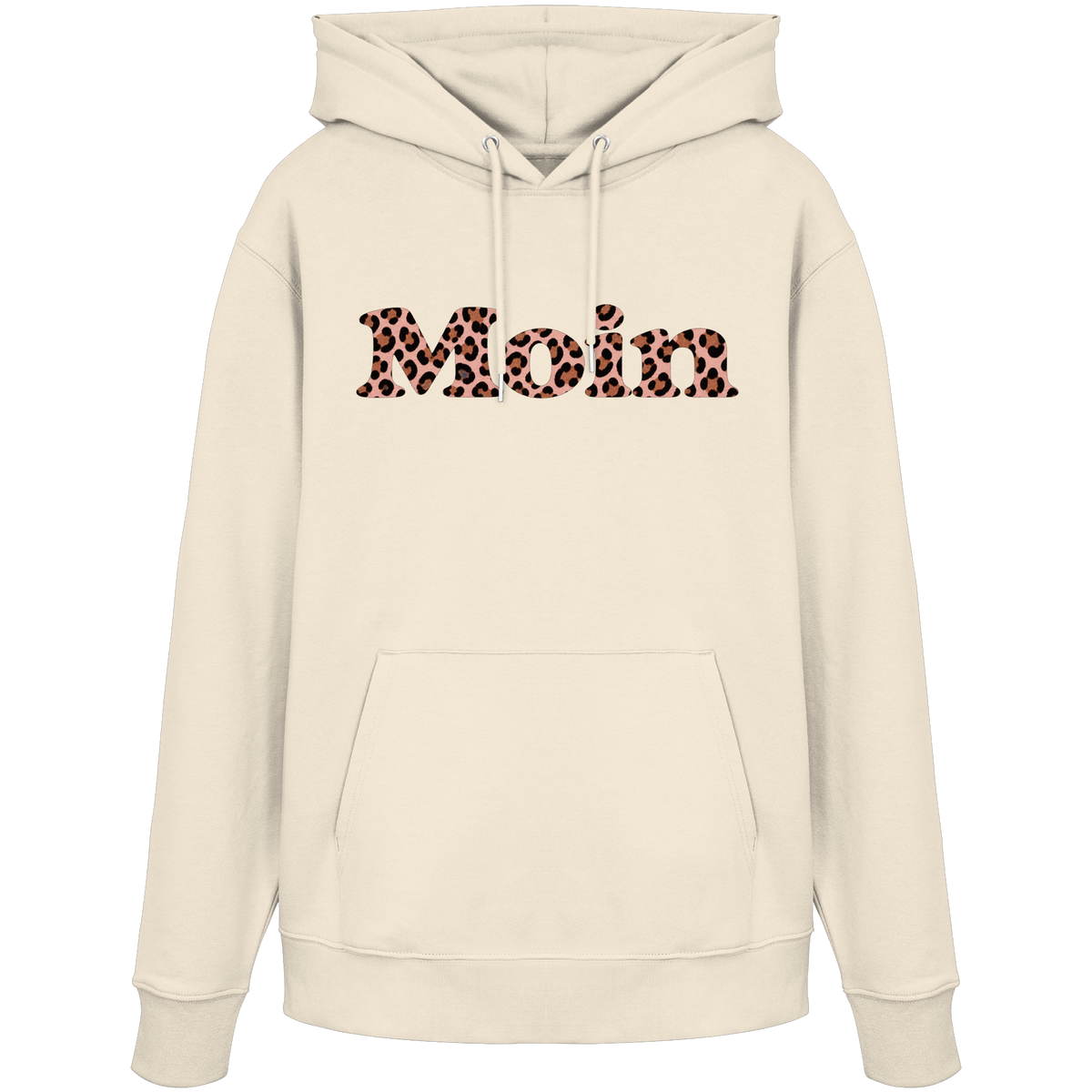 Bio-Unisex-Hoodie in Natural Raw von vorne mit Moin-Leo-Blush-Pink-Motiv.