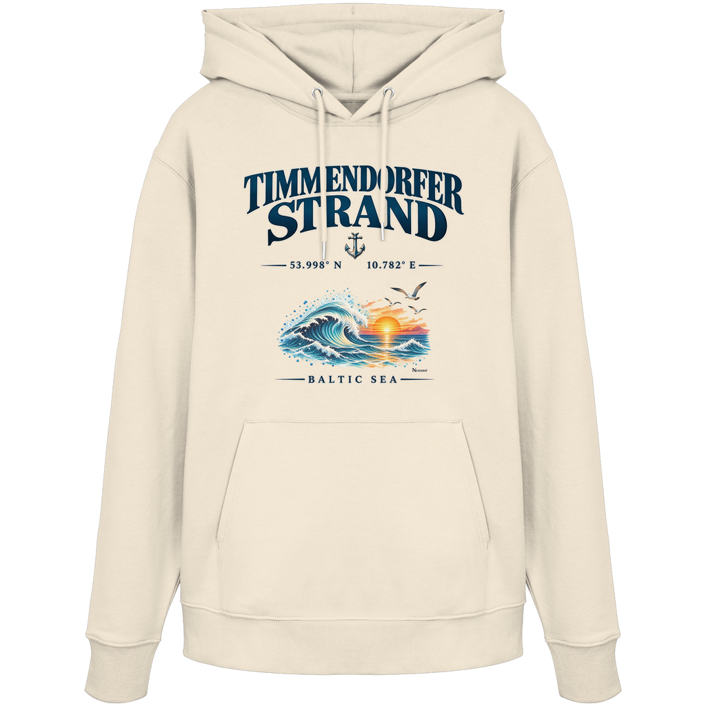Original-Mockup 1: Unisex Bio-Hoodie in Natural Raw mit Timmendorfer Strand – Baltic Sea Frontprint.