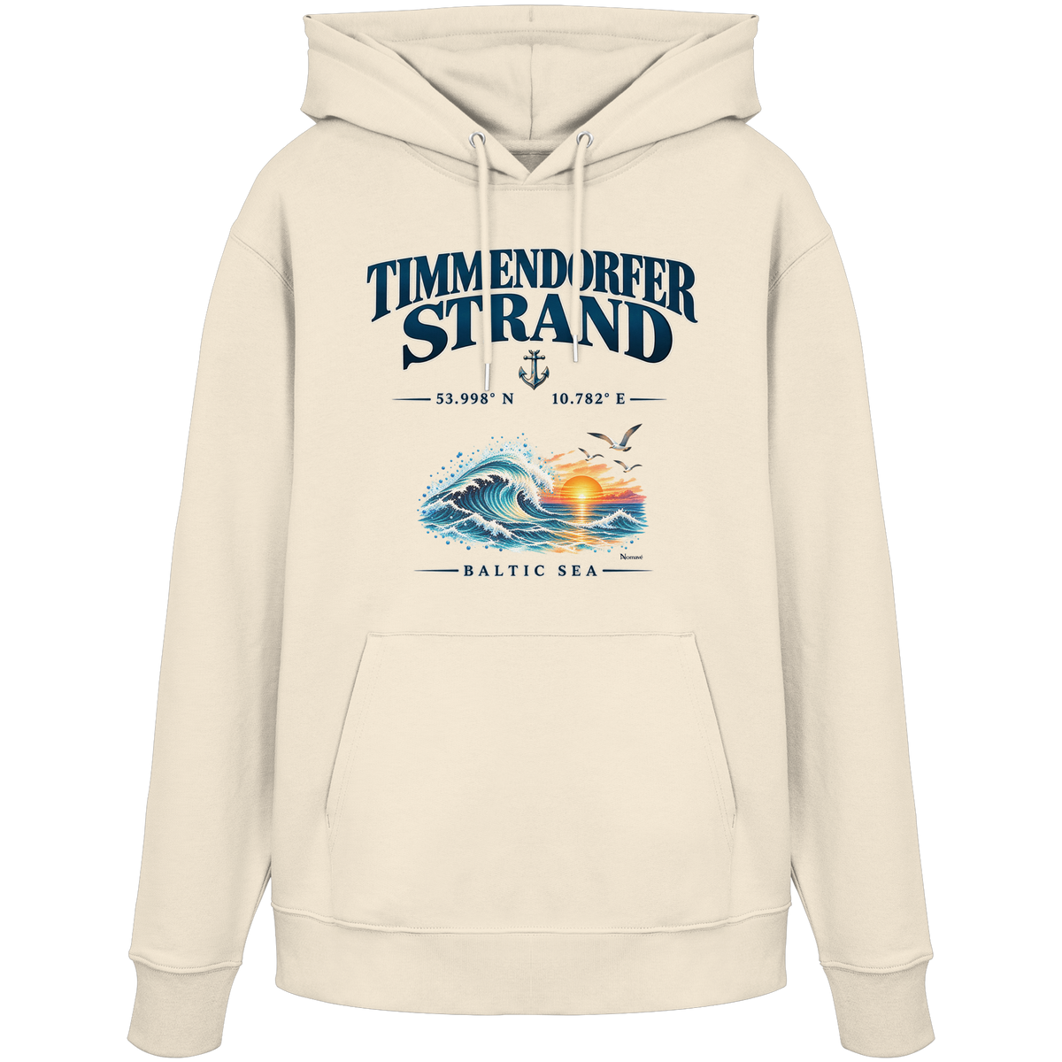 Original-Mockup 1: Unisex Bio-Hoodie in Natural Raw mit Timmendorfer Strand – Baltic Sea Frontprint.